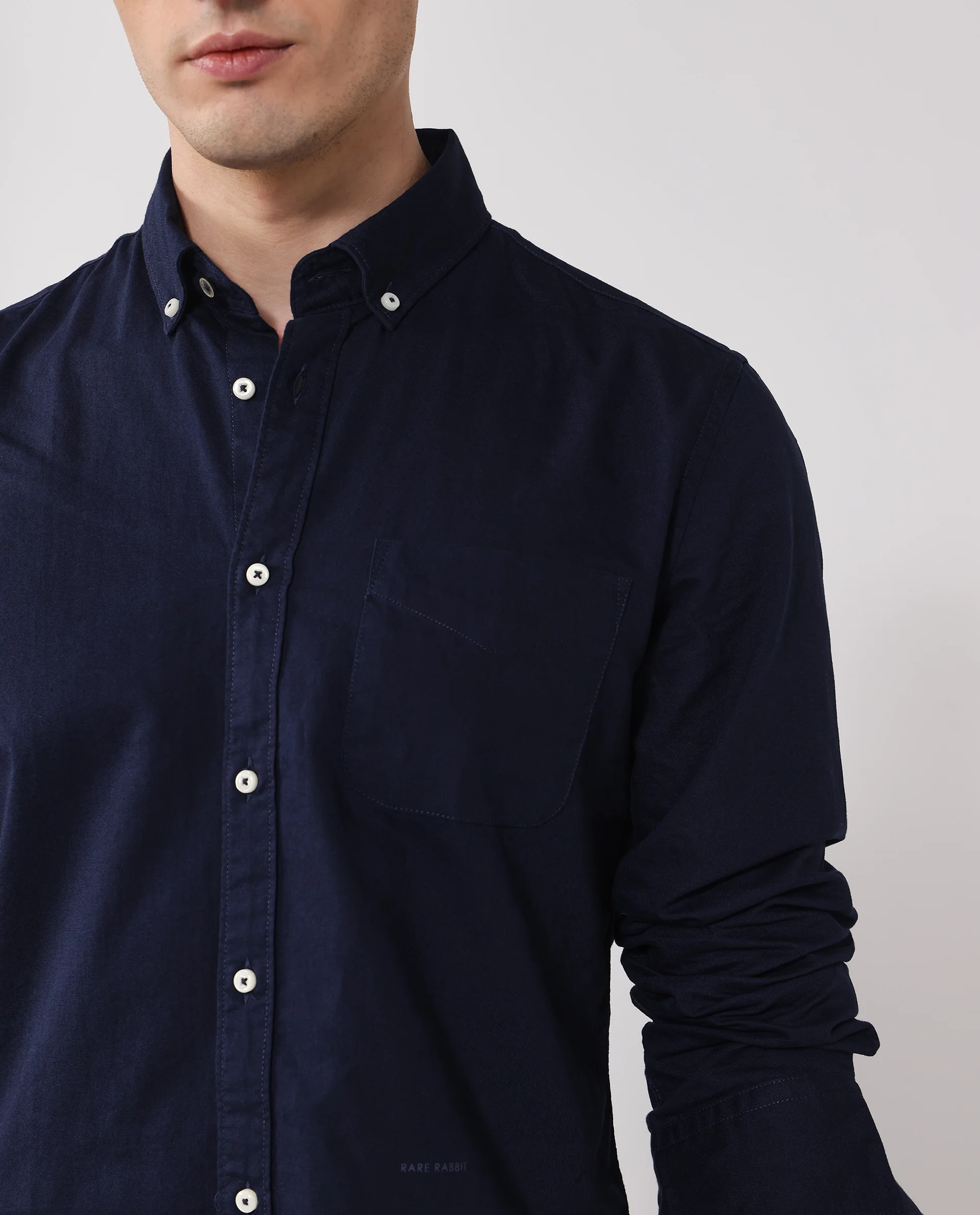 Rare Rabbit Men's Auxfo Navy Cotton Plain Regular Fit Full Sleeve Button-Down Collar Shirt - Image 3