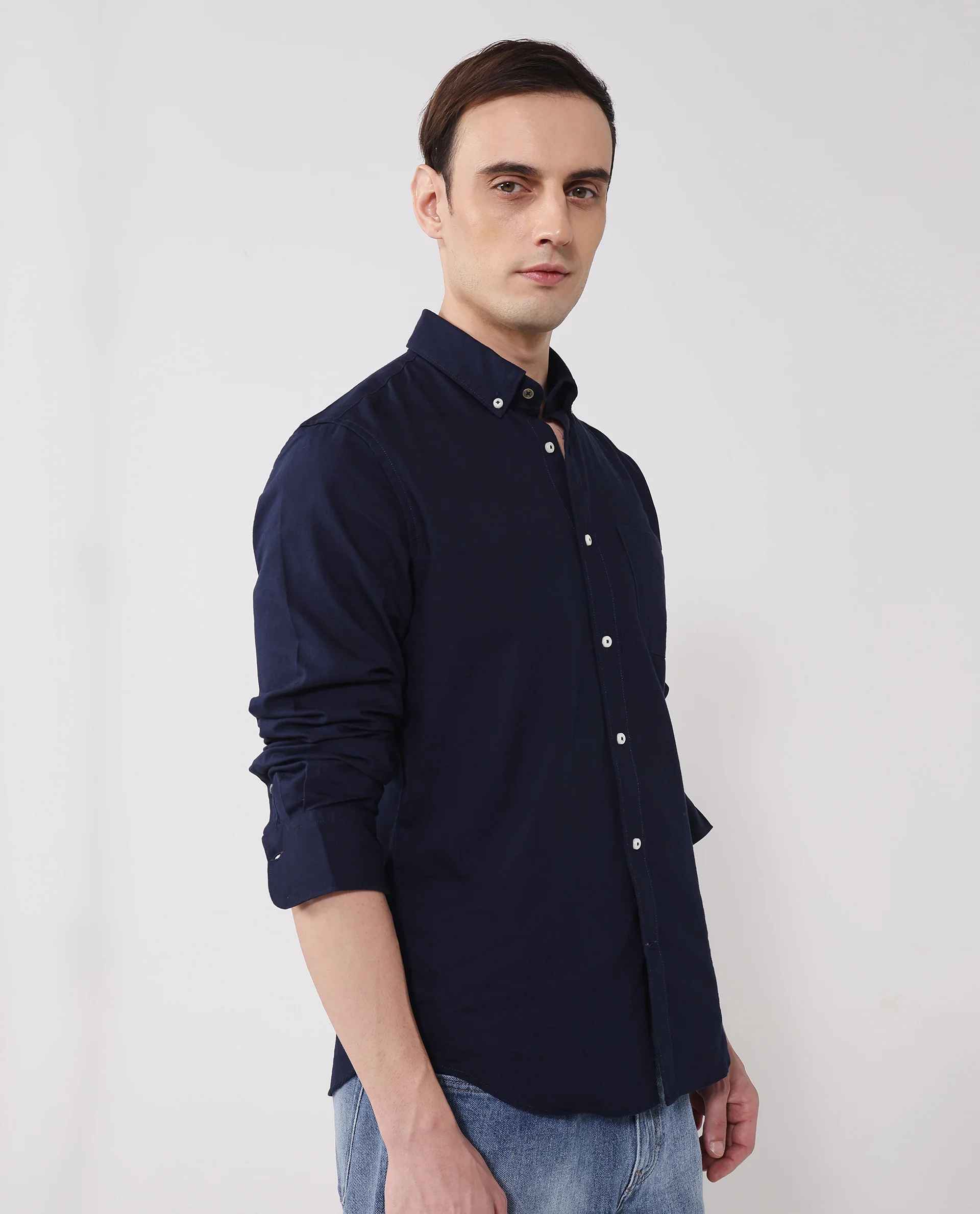 Rare Rabbit Men's Auxfo Navy Cotton Plain Regular Fit Full Sleeve Button-Down Collar Shirt - Image 5
