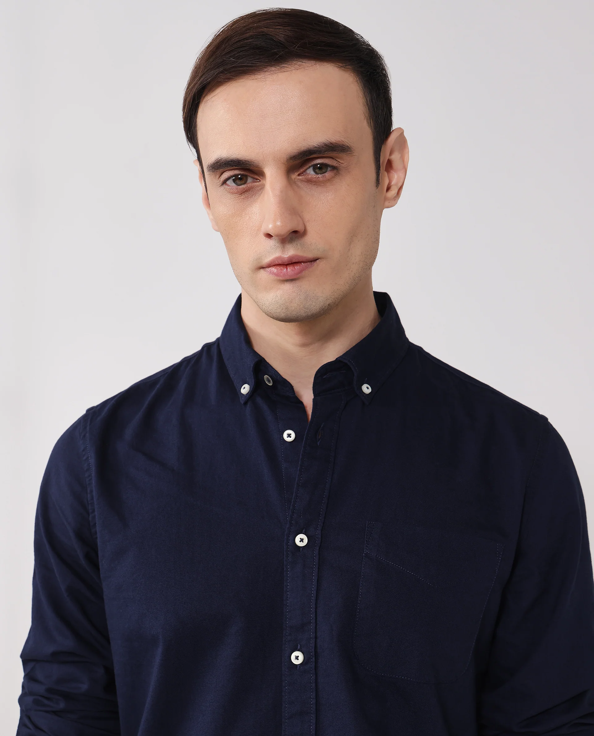 Rare Rabbit Men's Auxfo Navy Cotton Plain Regular Fit Full Sleeve Button-Down Collar Shirt - Image 6