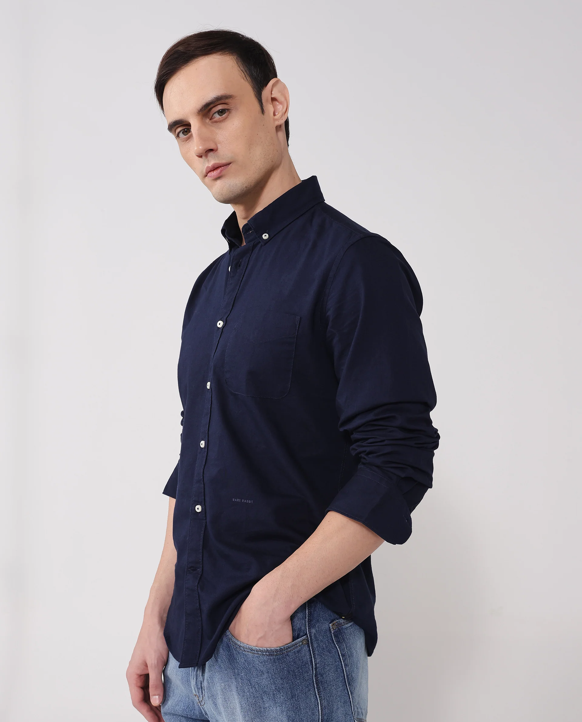 Rare Rabbit Men's Auxfo Navy Cotton Plain Regular Fit Full Sleeve Button-Down Collar Shirt - Image 8