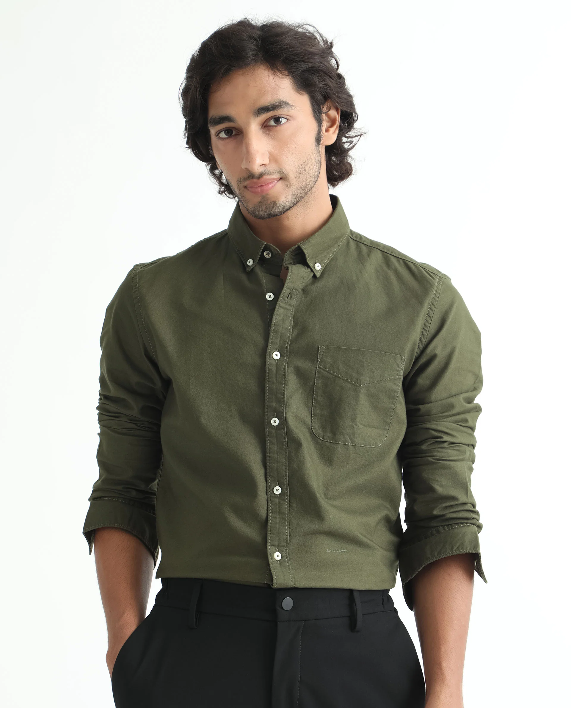 Rare Rabbit Men's Auxfo Olive Cotton Plain Regular Fit Full Sleeve Button-Down Collar Shirt