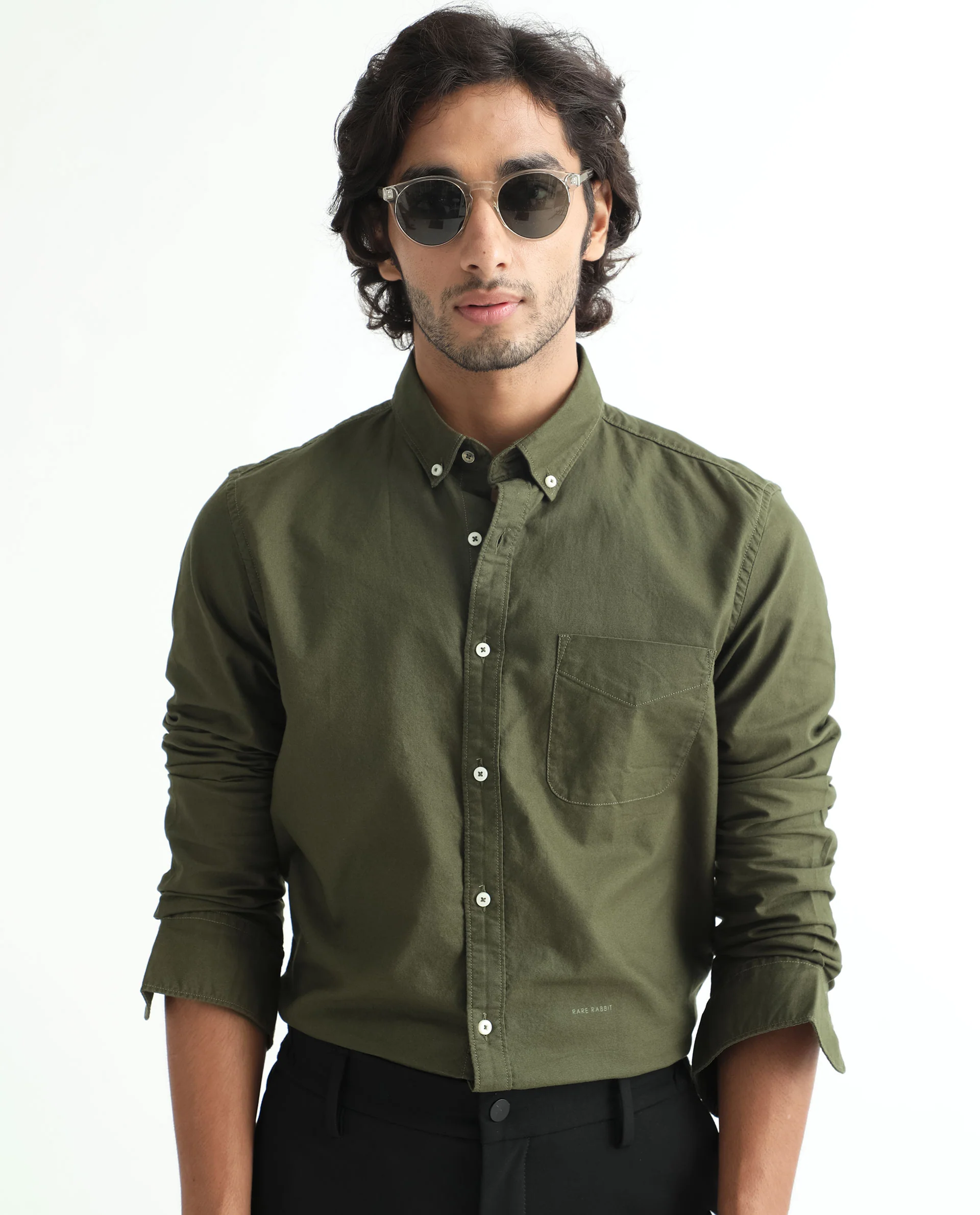 Rare Rabbit Men's Auxfo Olive Cotton Plain Regular Fit Full Sleeve Button-Down Collar Shirt - Image 4
