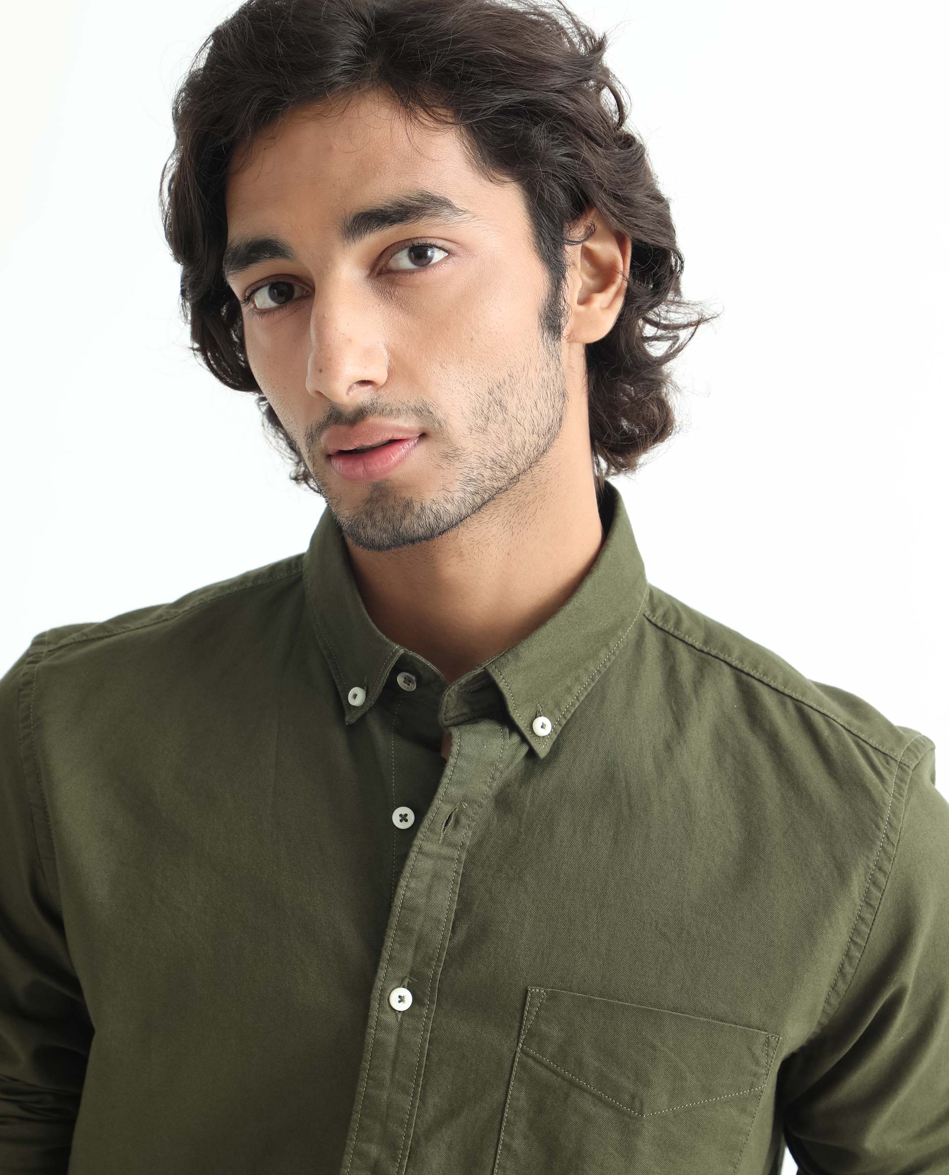 Rare Rabbit Men's Auxfo Olive Cotton Plain Regular Fit Full Sleeve Button-Down Collar Shirt - Image 5