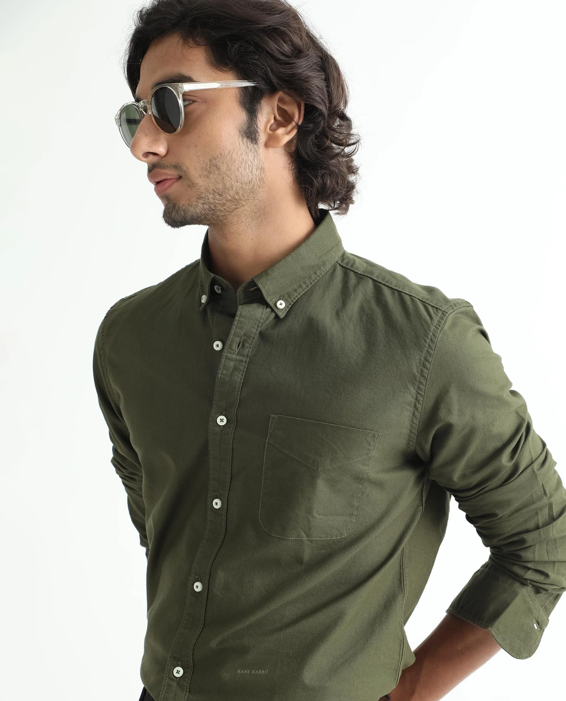 Rare Rabbit Men's Auxfo Olive Cotton Plain Regular Fit Full Sleeve Button-Down Collar Shirt - Image 6