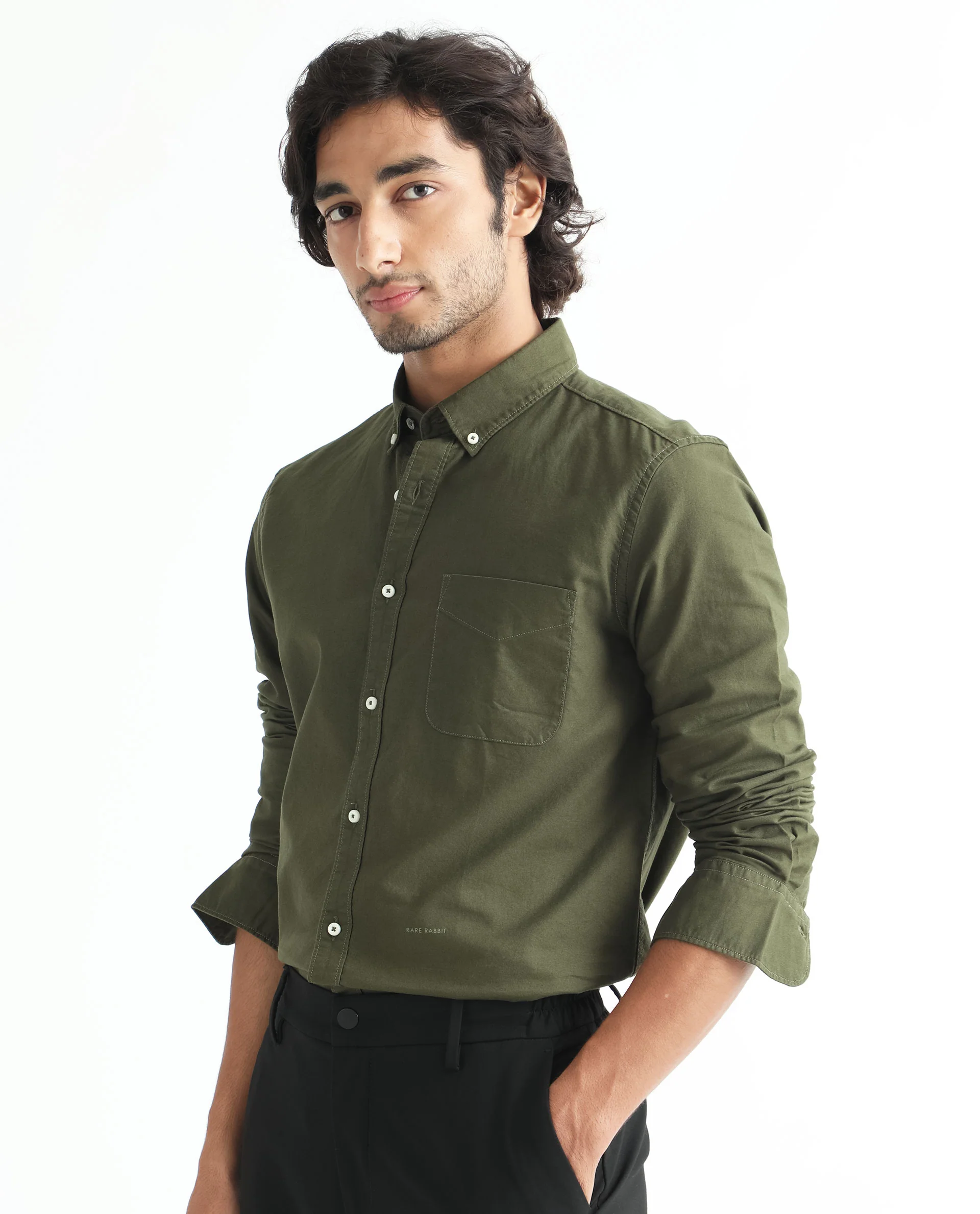 Rare Rabbit Men's Auxfo Olive Cotton Plain Regular Fit Full Sleeve Button-Down Collar Shirt - Image 7