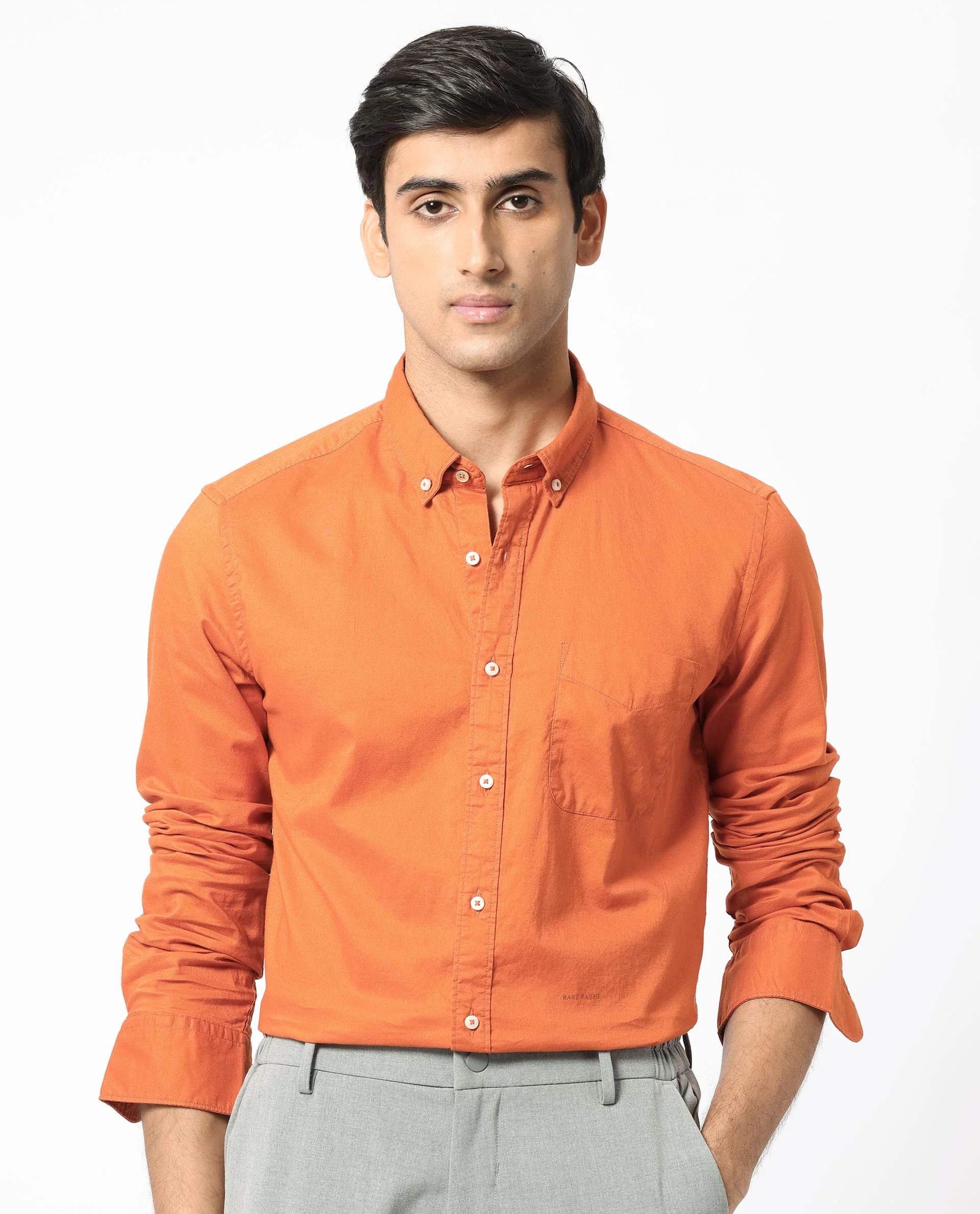 Rare Rabbit Men's Auxfo Orange Cotton Plain Regular Fit Full Sleeve Button-Down Collar Shirt - Image 3