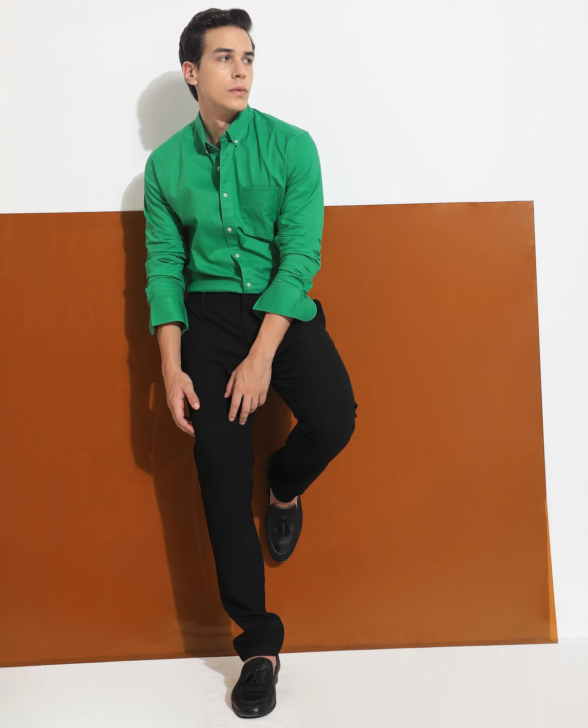Rare Rabbit Men's Auxfo Pastel Green Cotton Plain Regular Fit Full Sleeve Spread Collar Shirt - Image 2