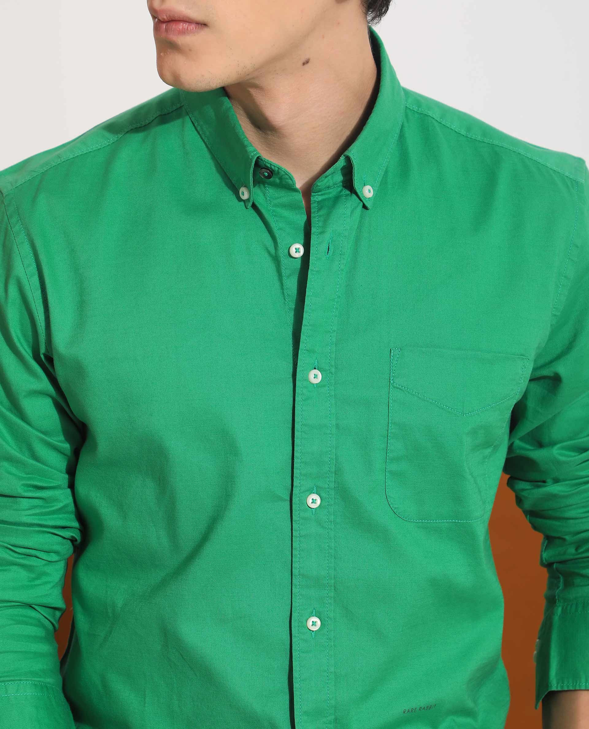 Rare Rabbit Men's Auxfo Pastel Green Cotton Plain Regular Fit Full Sleeve Spread Collar Shirt - Image 5