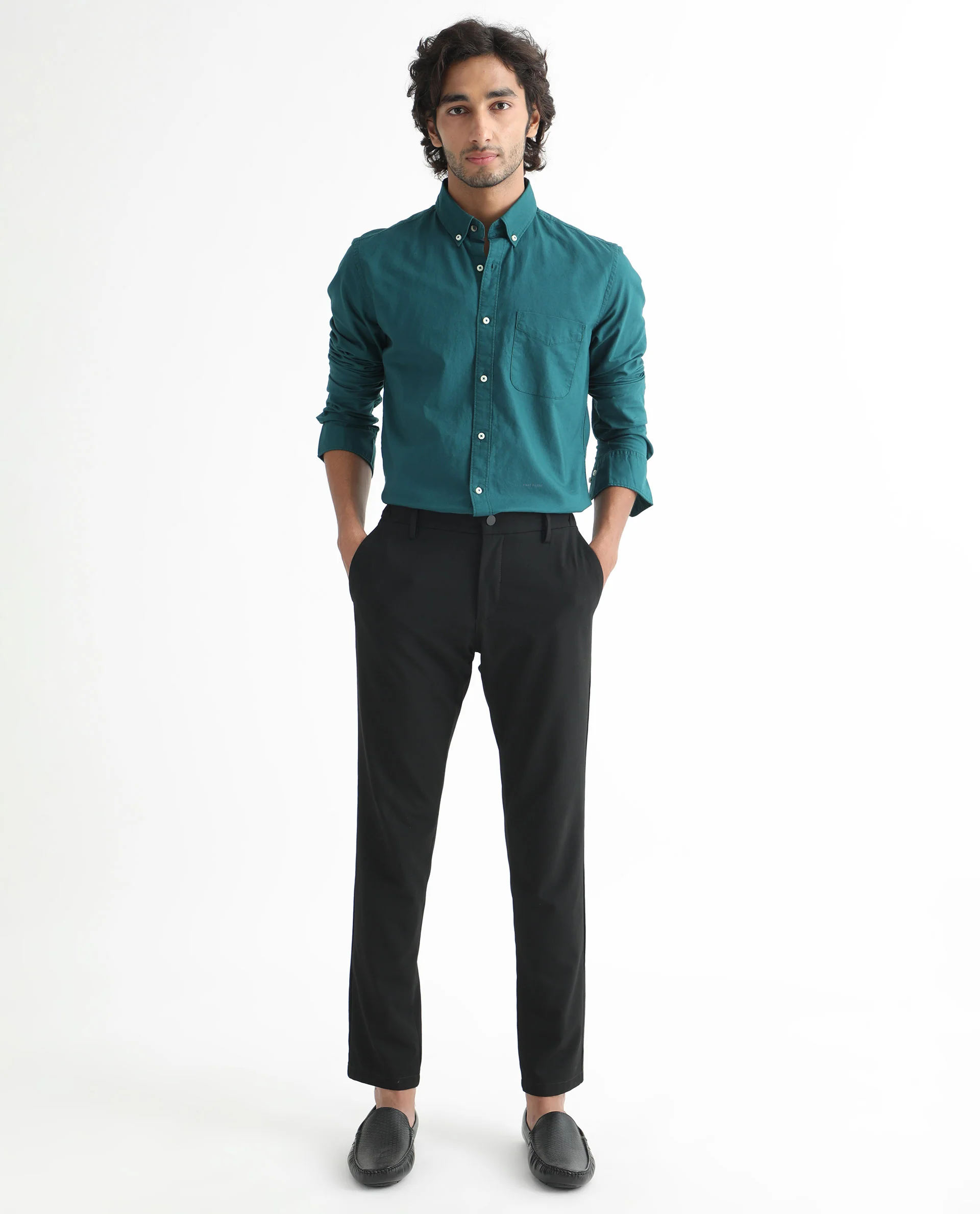 Rare Rabbit Men's Auxfo Petrol Cotton Plain Regular Fit Full Sleeve Button-Down Collar Shirt - Image 2