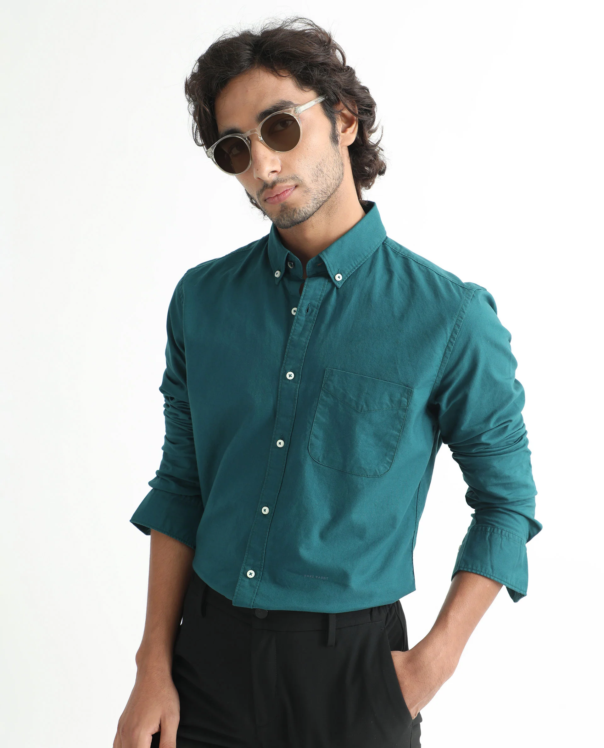 Rare Rabbit Men's Auxfo Petrol Cotton Plain Regular Fit Full Sleeve Button-Down Collar Shirt - Image 3