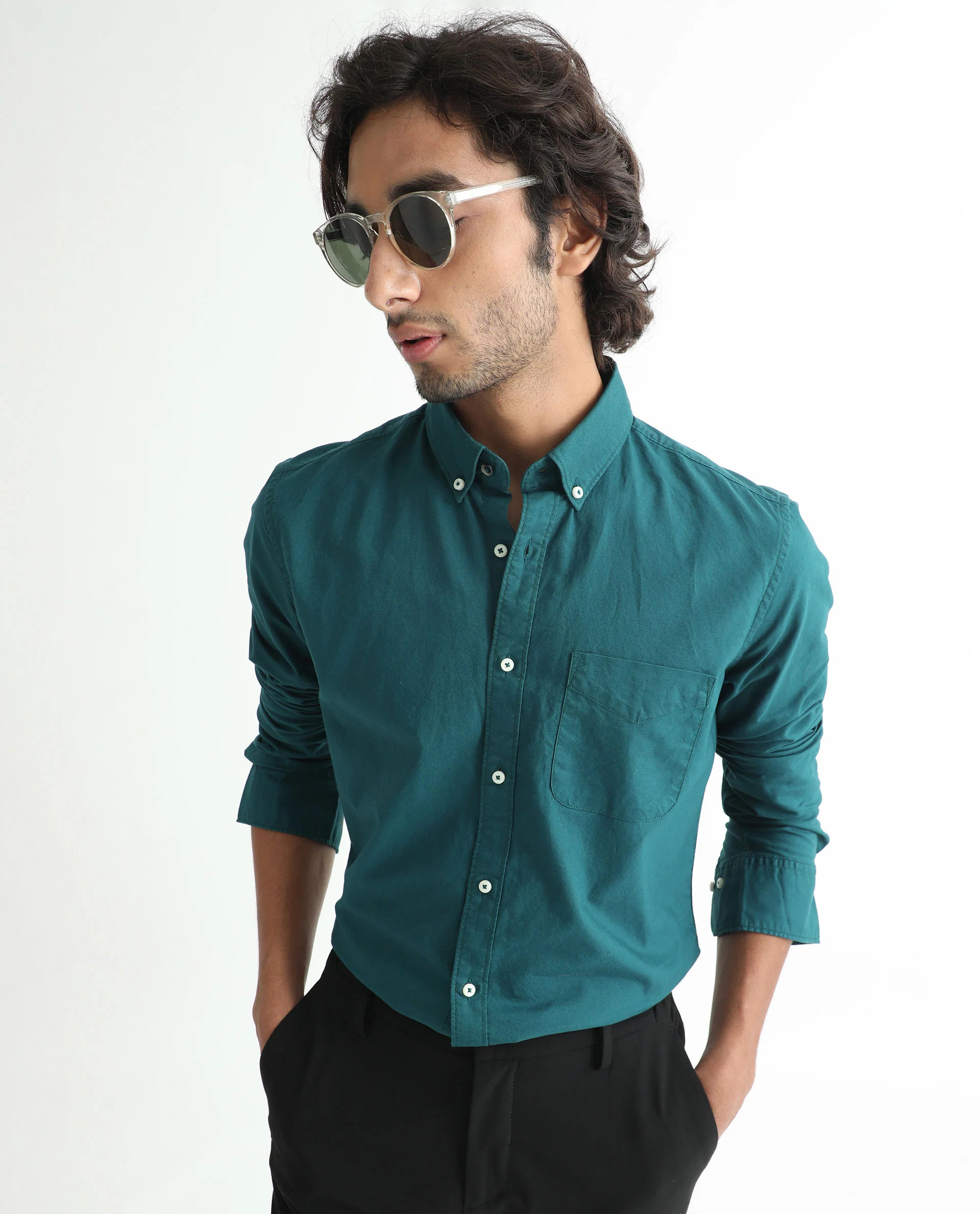 Rare Rabbit Men's Auxfo Petrol Cotton Plain Regular Fit Full Sleeve Button-Down Collar Shirt - Image 6