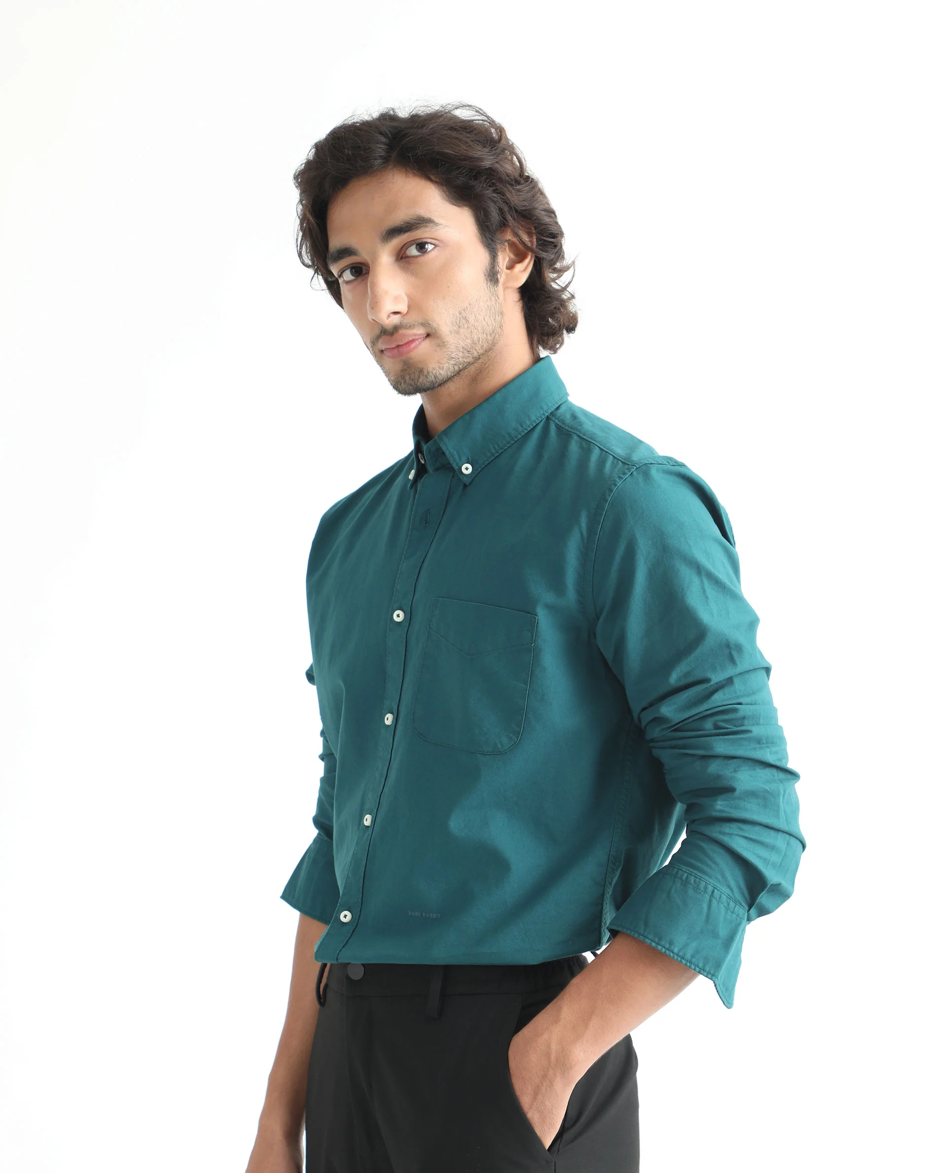 Rare Rabbit Men's Auxfo Petrol Cotton Plain Regular Fit Full Sleeve Button-Down Collar Shirt - Image 7
