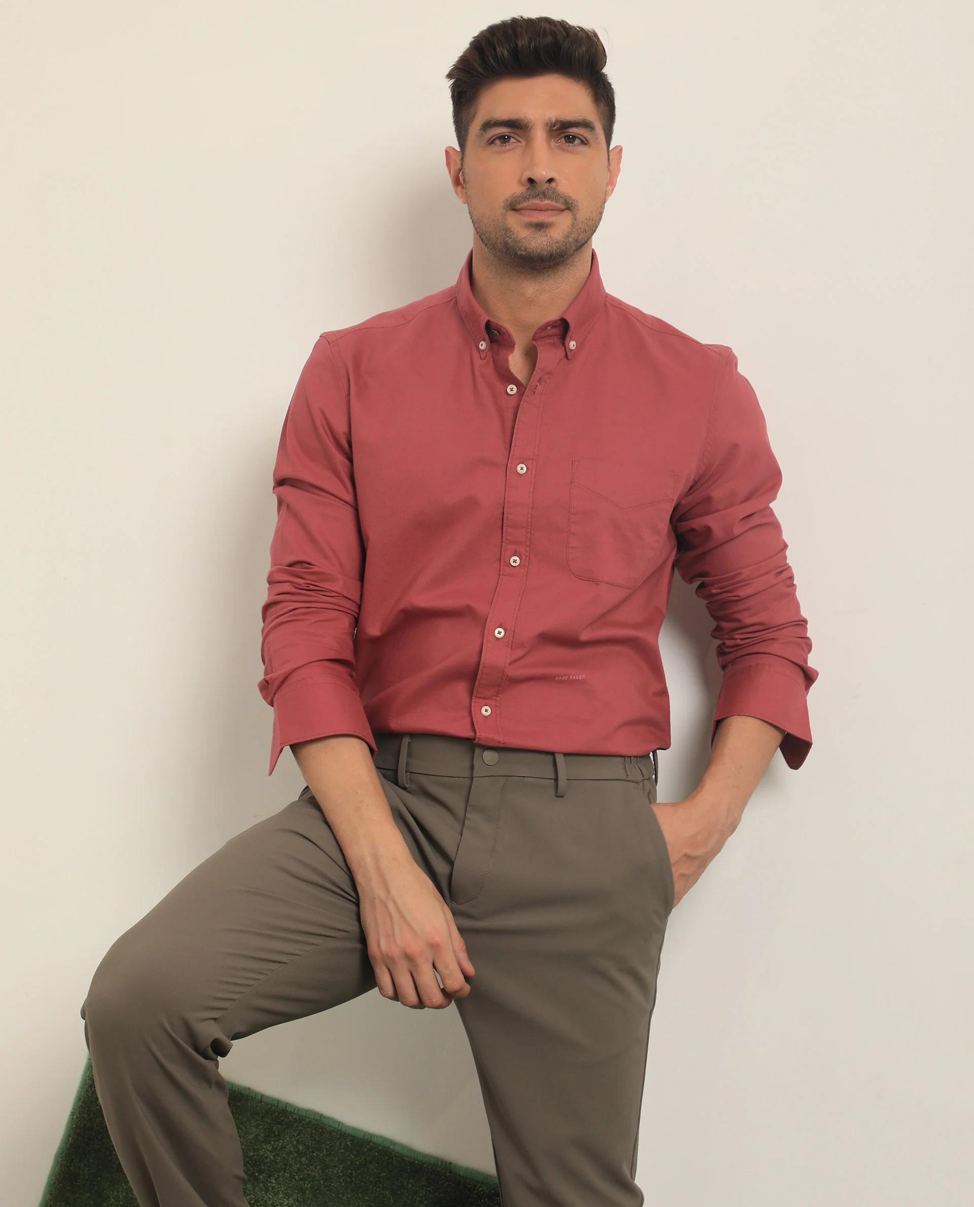 Rare Rabbit Men's Auxfo Pink Cotton Plain Regular Fit Full Sleeve Button-Down Collar Shirt - Image 3