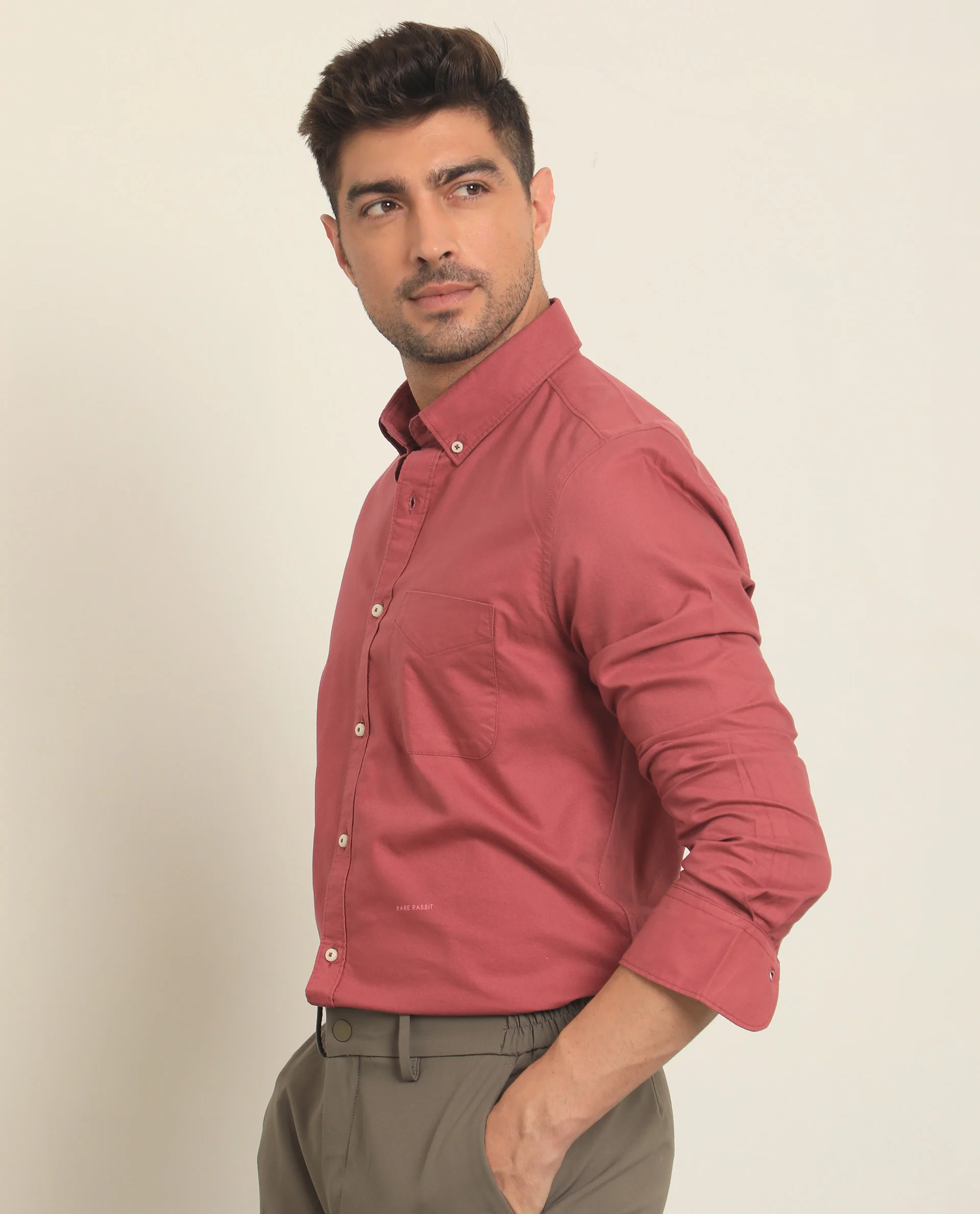 Rare Rabbit Men's Auxfo Pink Cotton Plain Regular Fit Full Sleeve Button-Down Collar Shirt - Image 4