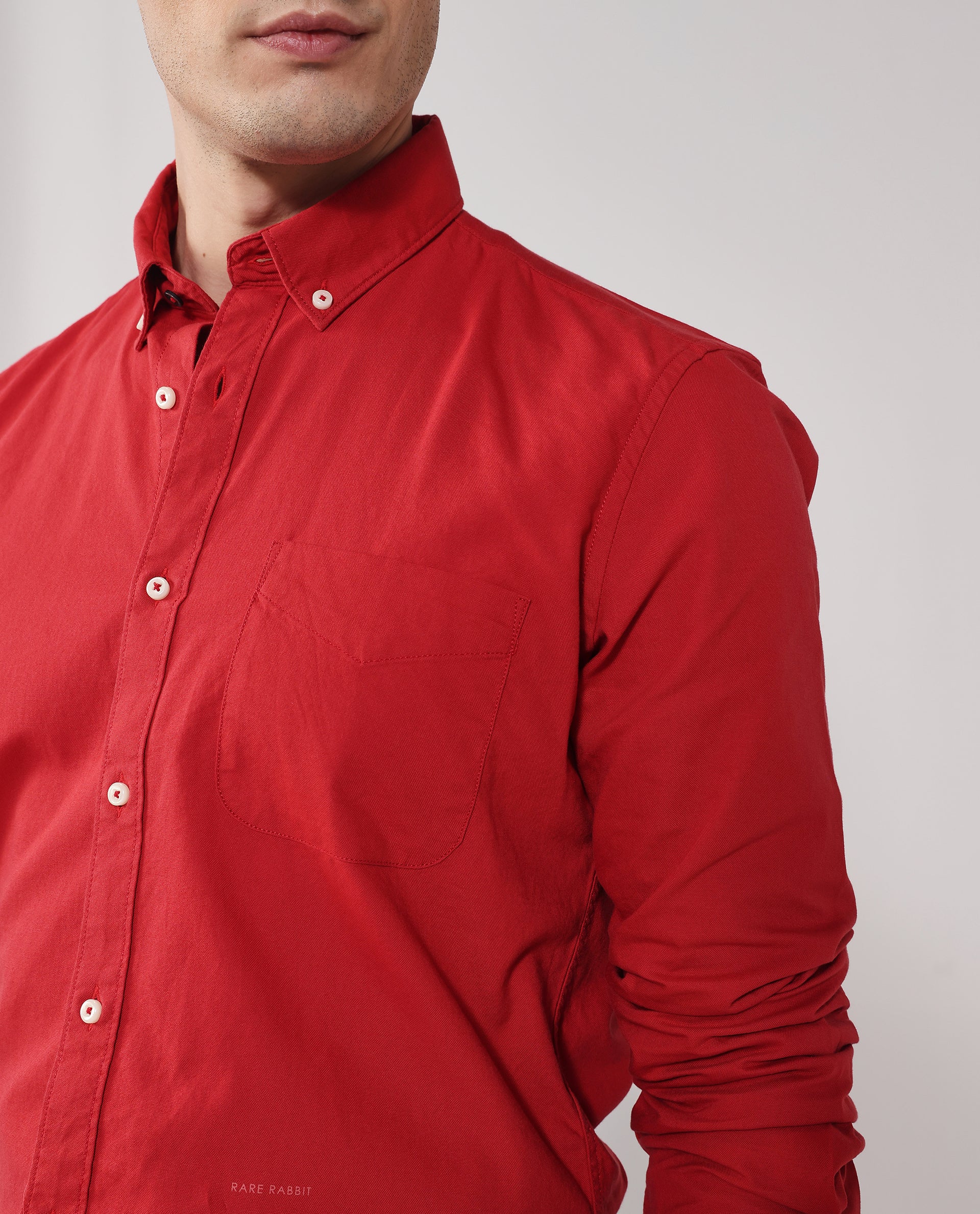 Rare Rabbit Men's Auxfo Red Cotton Plain Regular Fit Full Sleeve Button-Down Collar Shirt - Image 3