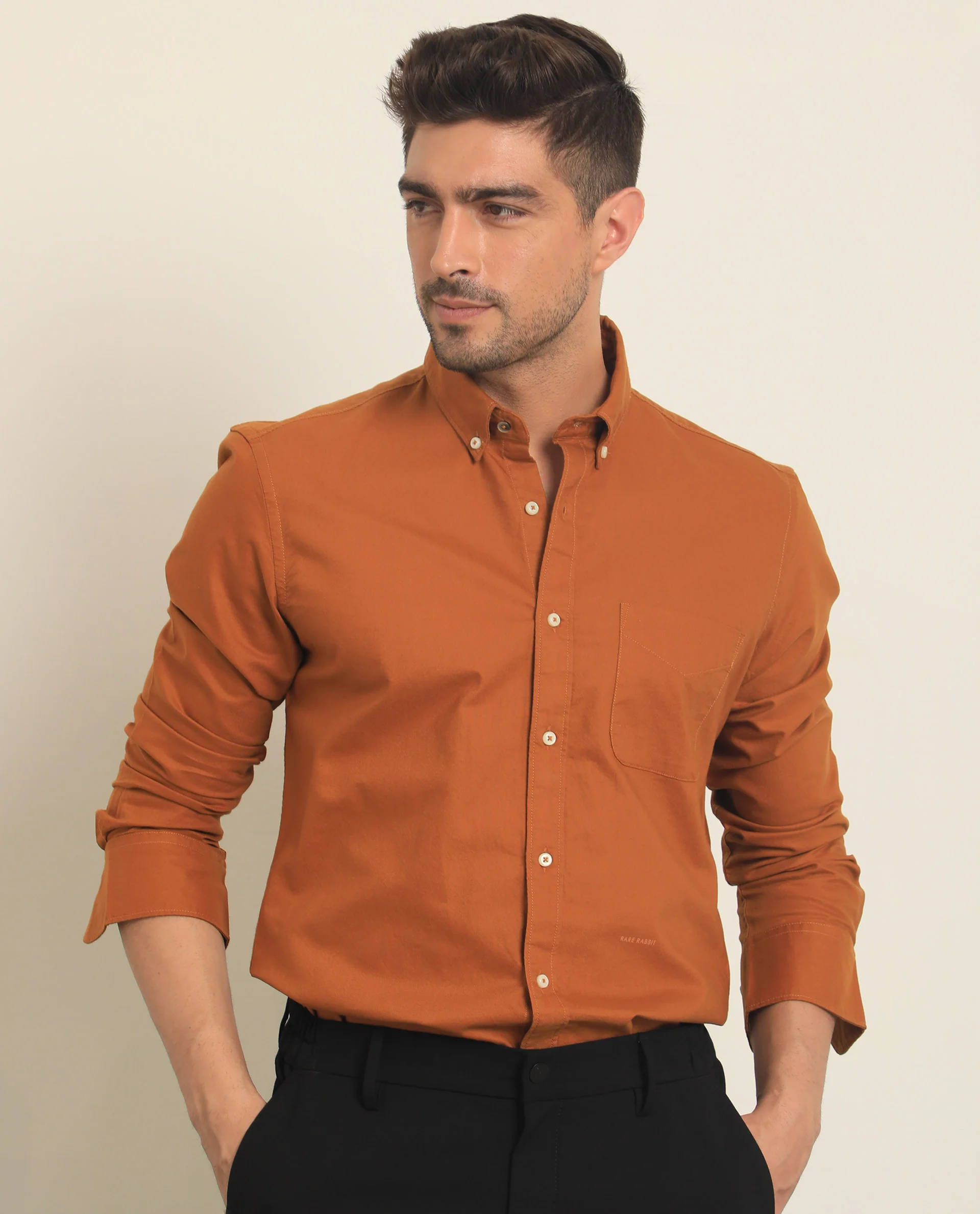 Rare Rabbit Men's Auxfo Rust Cotton Plain Regular Fit Full Sleeve Button-Down Collar Shirt