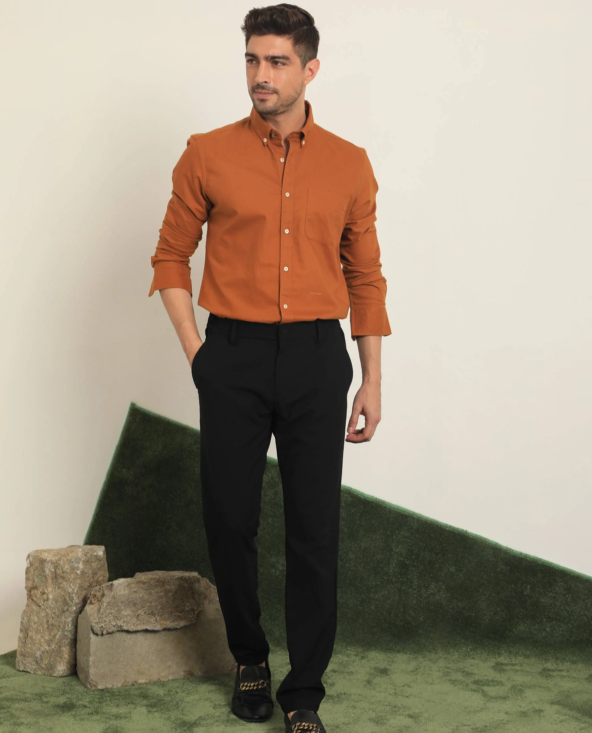 Rare Rabbit Men's Auxfo Rust Cotton Plain Regular Fit Full Sleeve Button-Down Collar Shirt - Image 2