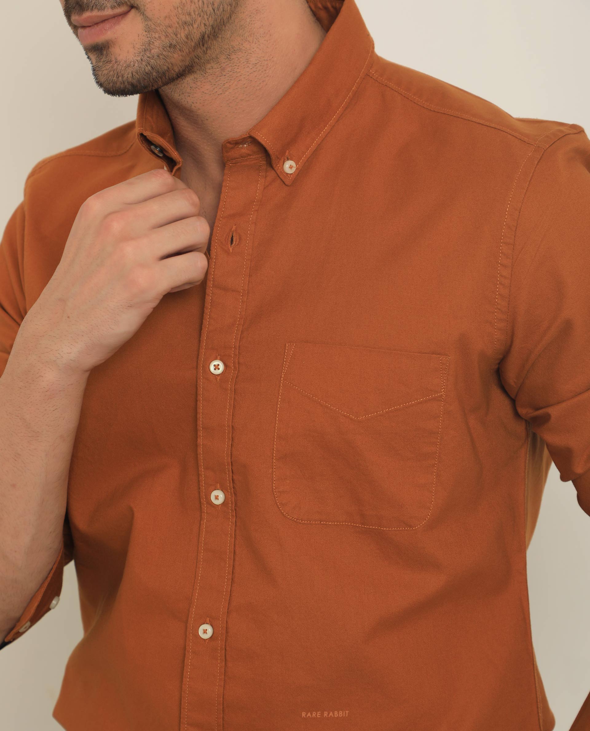 Rare Rabbit Men's Auxfo Rust Cotton Plain Regular Fit Full Sleeve Button-Down Collar Shirt - Image 3