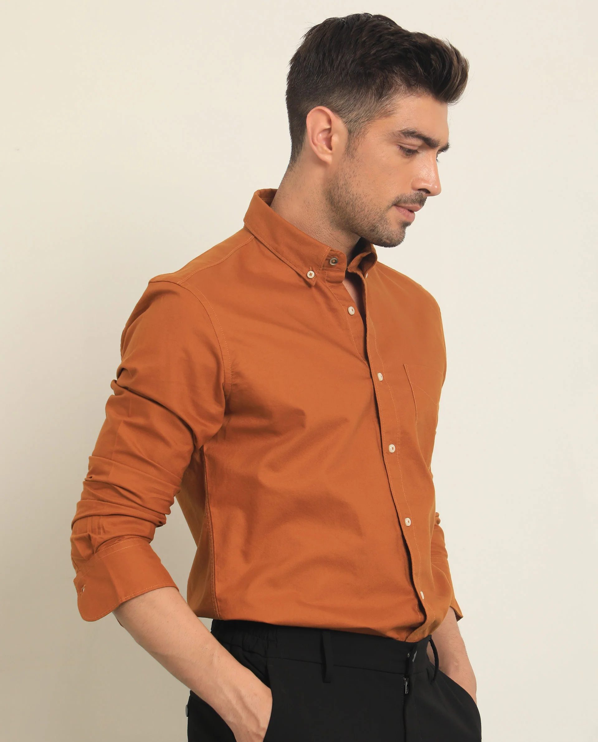 Rare Rabbit Men's Auxfo Rust Cotton Plain Regular Fit Full Sleeve Button-Down Collar Shirt - Image 5
