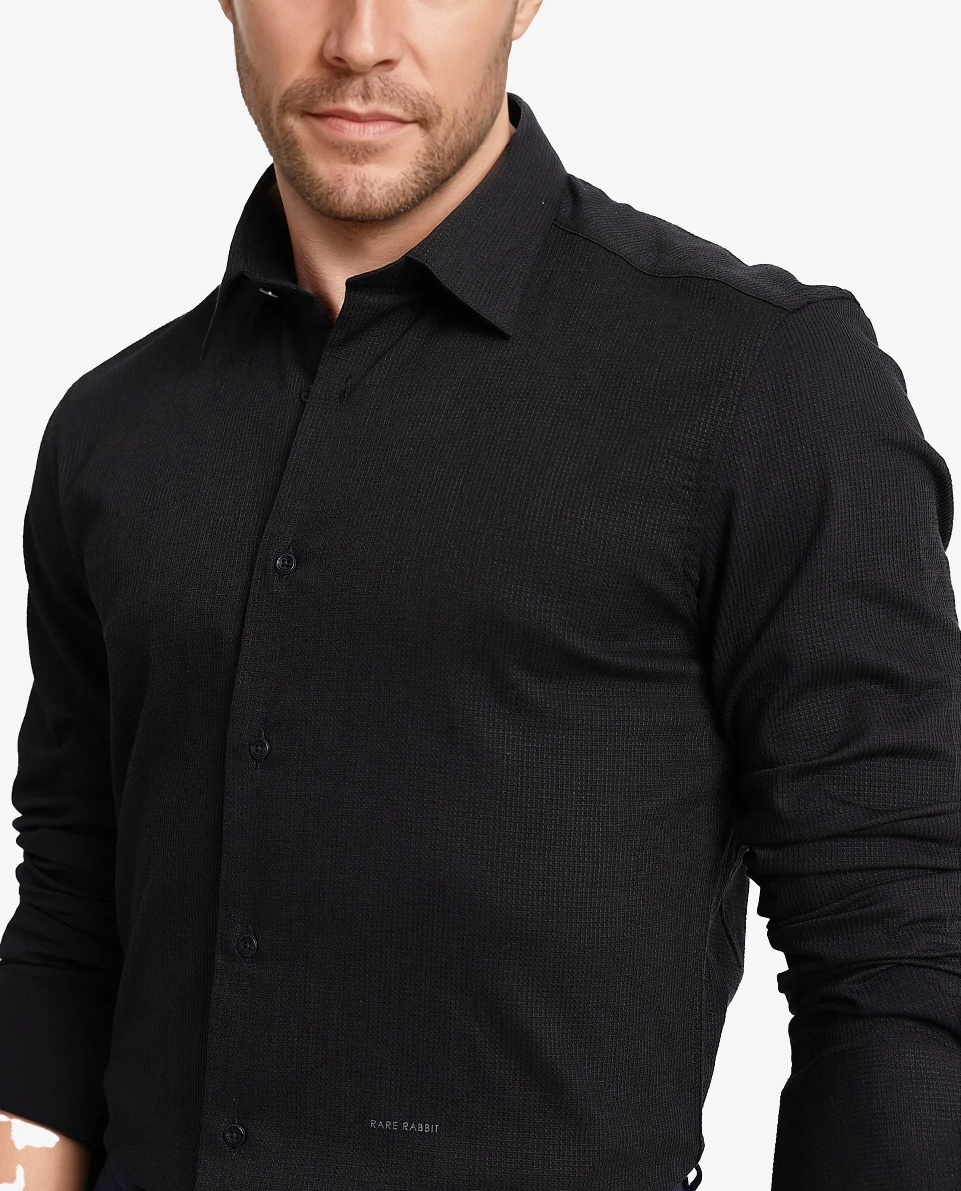 Rare Rabbit Men's Auxon Black Cotton Textured Regular Fit Full Sleeve Collared Shirt - Image 3