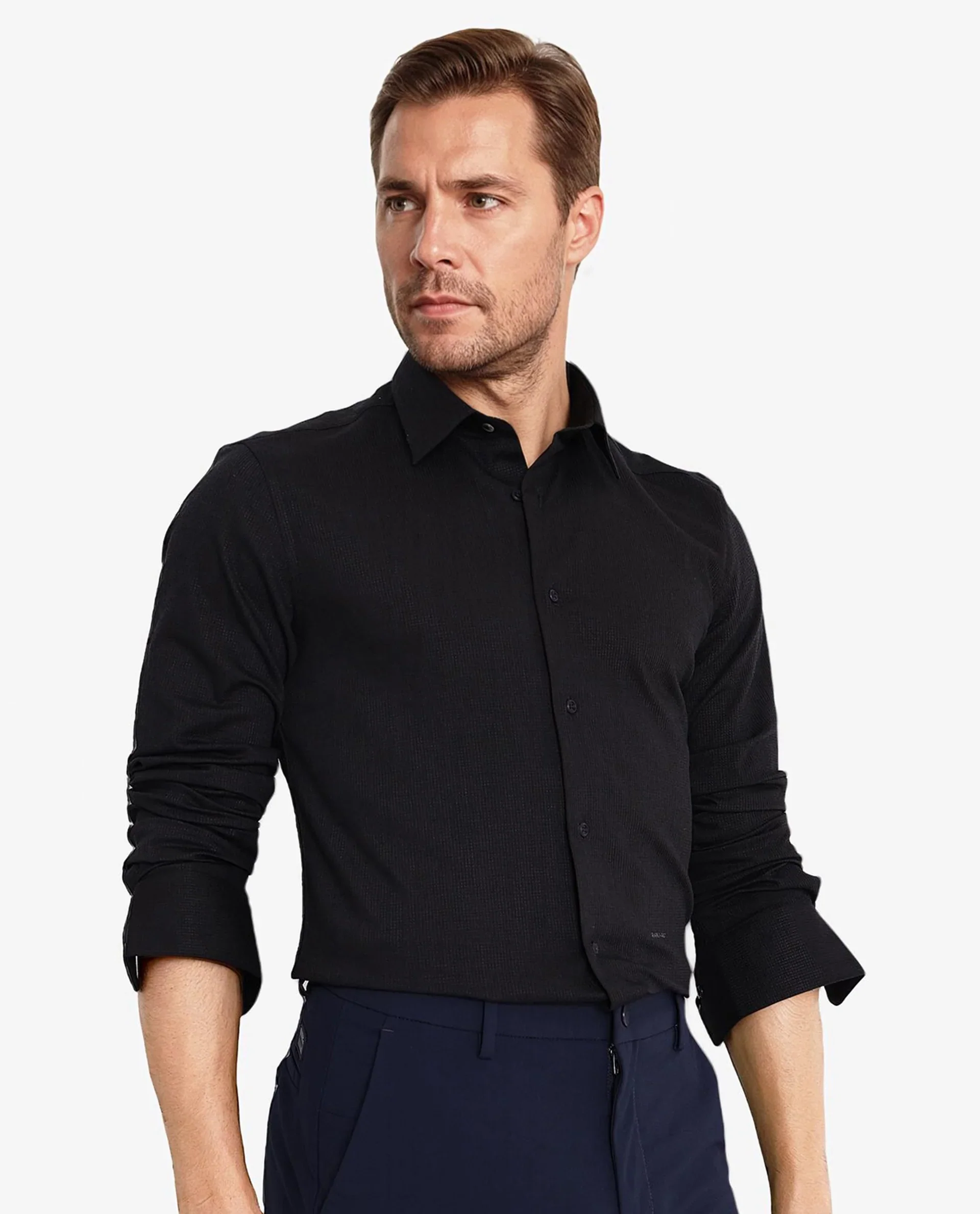 Rare Rabbit Men's Auxon Black Cotton Textured Regular Fit Full Sleeve Collared Shirt - Image 4