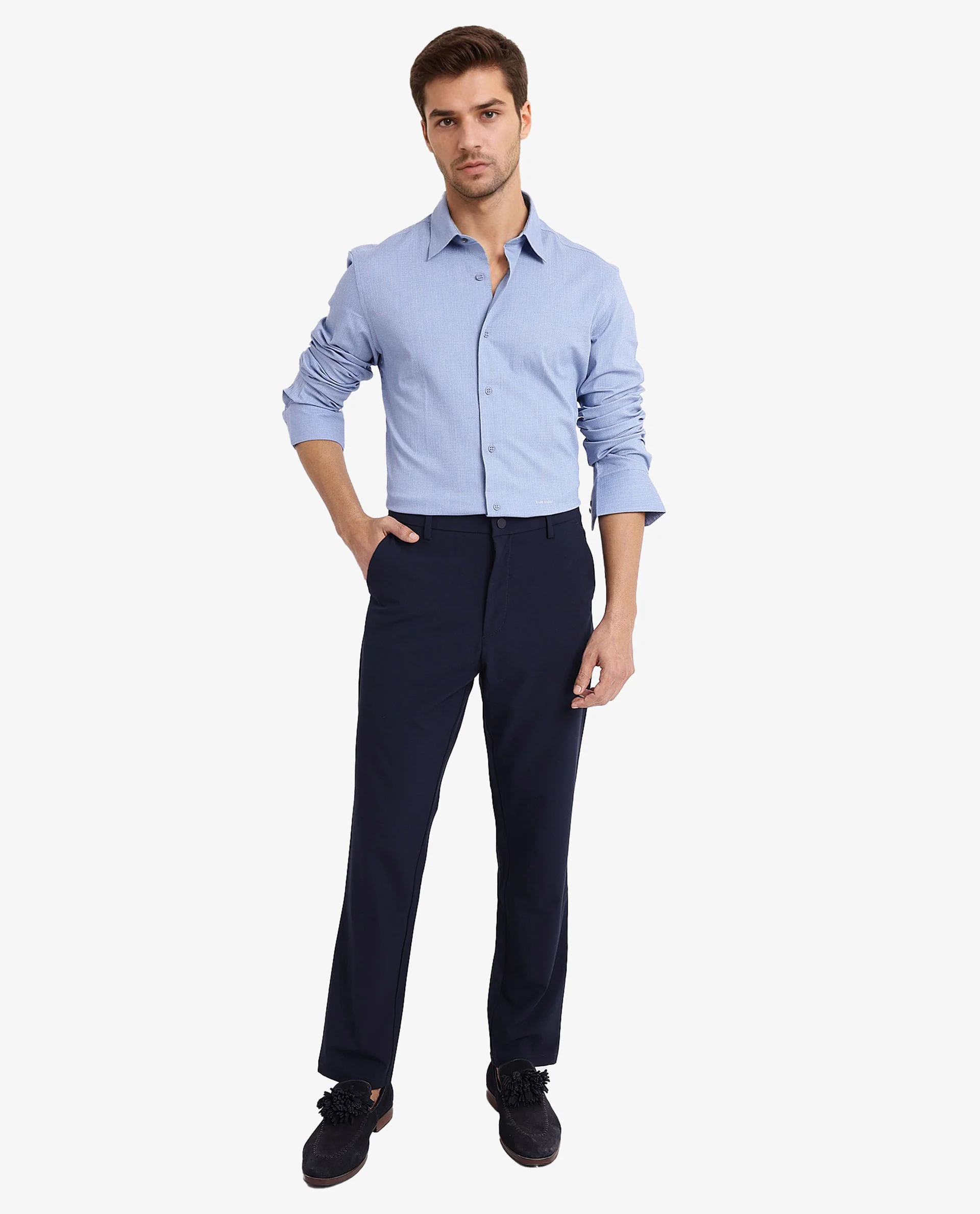 Rare Rabbit Men's Auxon Dusky Blue Cotton Textured Regular Fit Full Sleeve Collared Shirt - Image 4