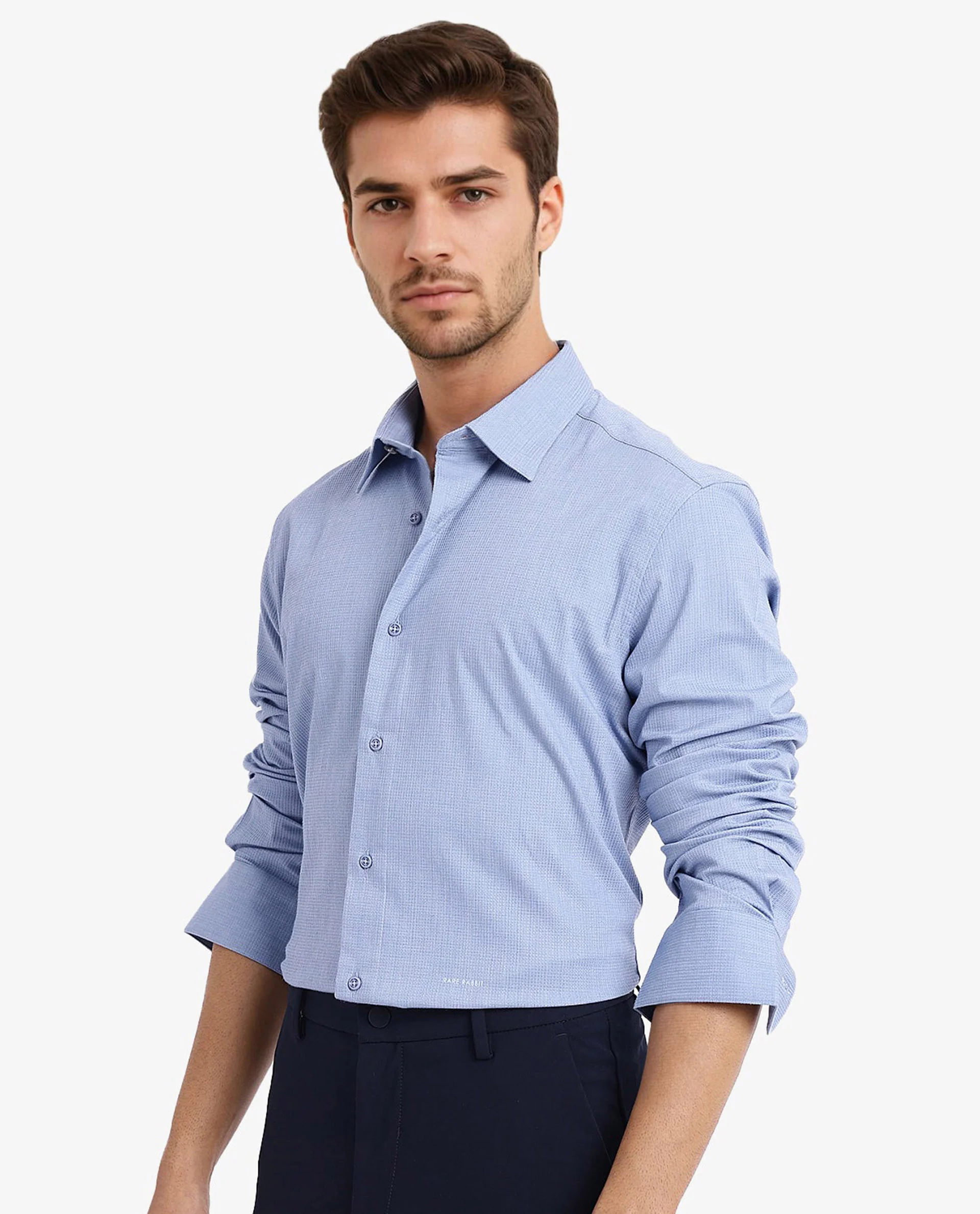 Rare Rabbit Men's Auxon Dusky Blue Cotton Textured Regular Fit Full Sleeve Collared Shirt - Image 5