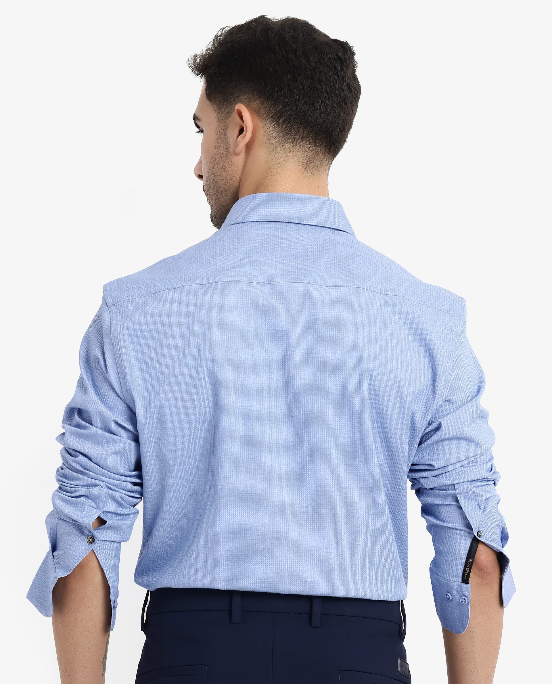 Rare Rabbit Men's Auxon Dusky Blue Cotton Textured Regular Fit Full Sleeve Collared Shirt - Image 6
