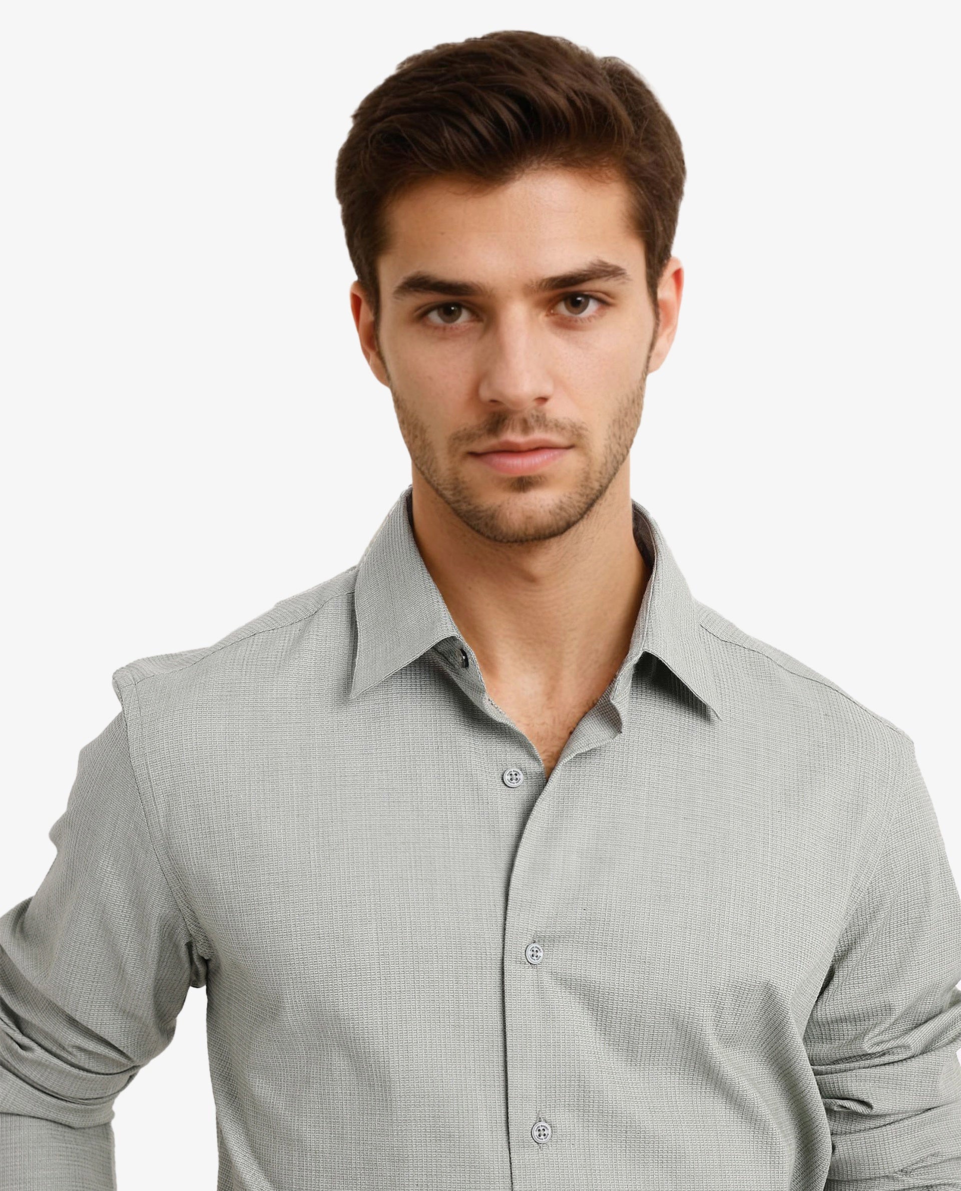 Rare Rabbit Men's Auxon Dusky Green Cotton Textured Regular Fit Full Sleeve Collared Shirt - Image 4