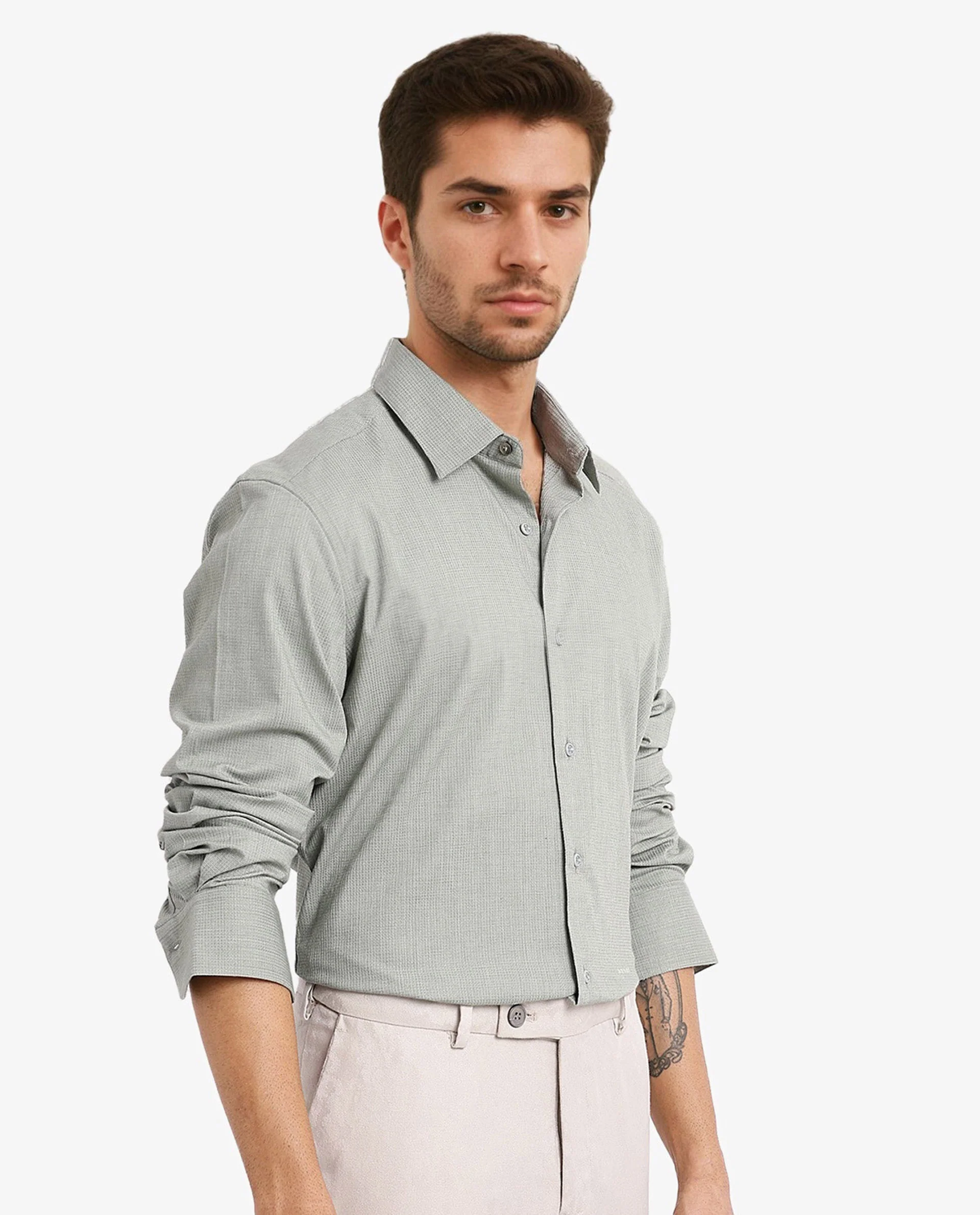 Rare Rabbit Men's Auxon Dusky Green Cotton Textured Regular Fit Full Sleeve Collared Shirt - Image 7