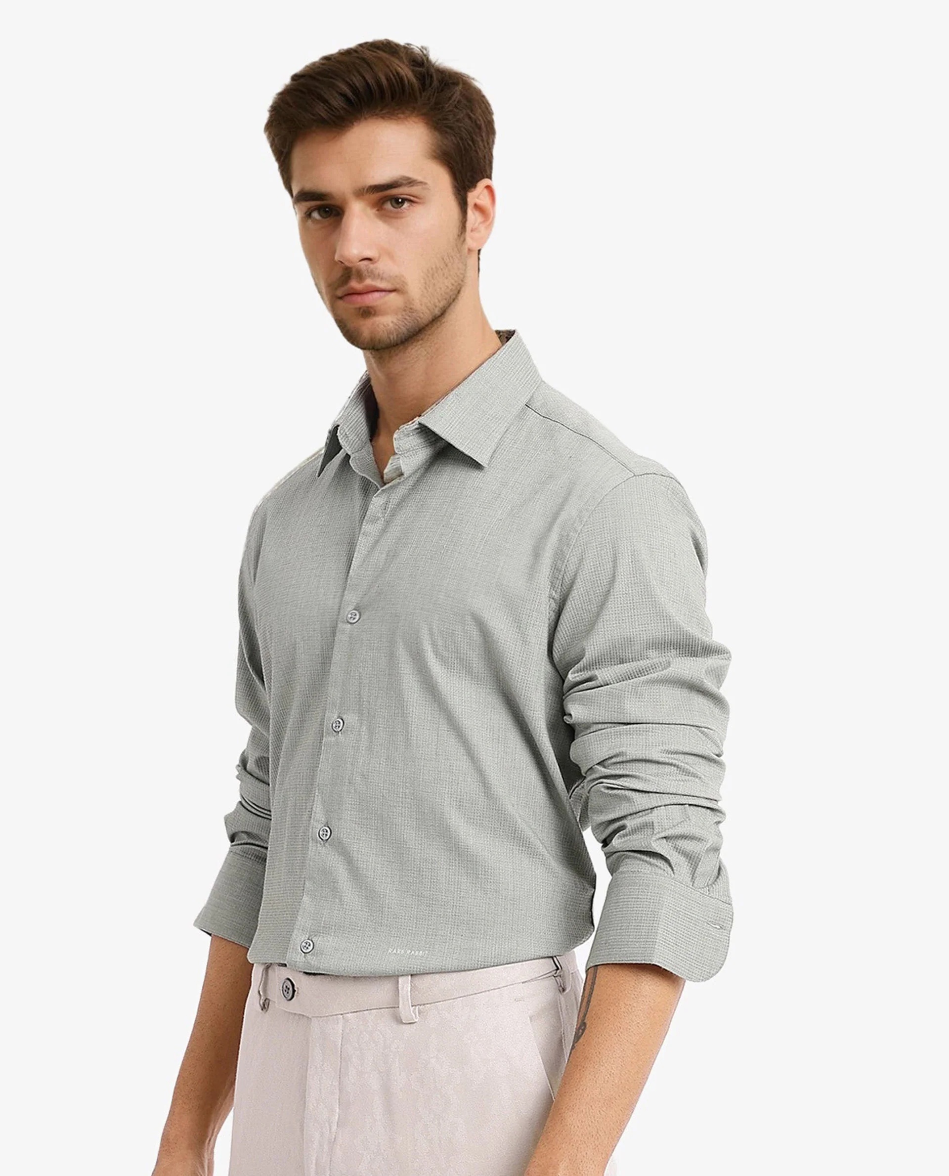 Rare Rabbit Men's Auxon Dusky Green Cotton Textured Regular Fit Full Sleeve Collared Shirt - Image 8