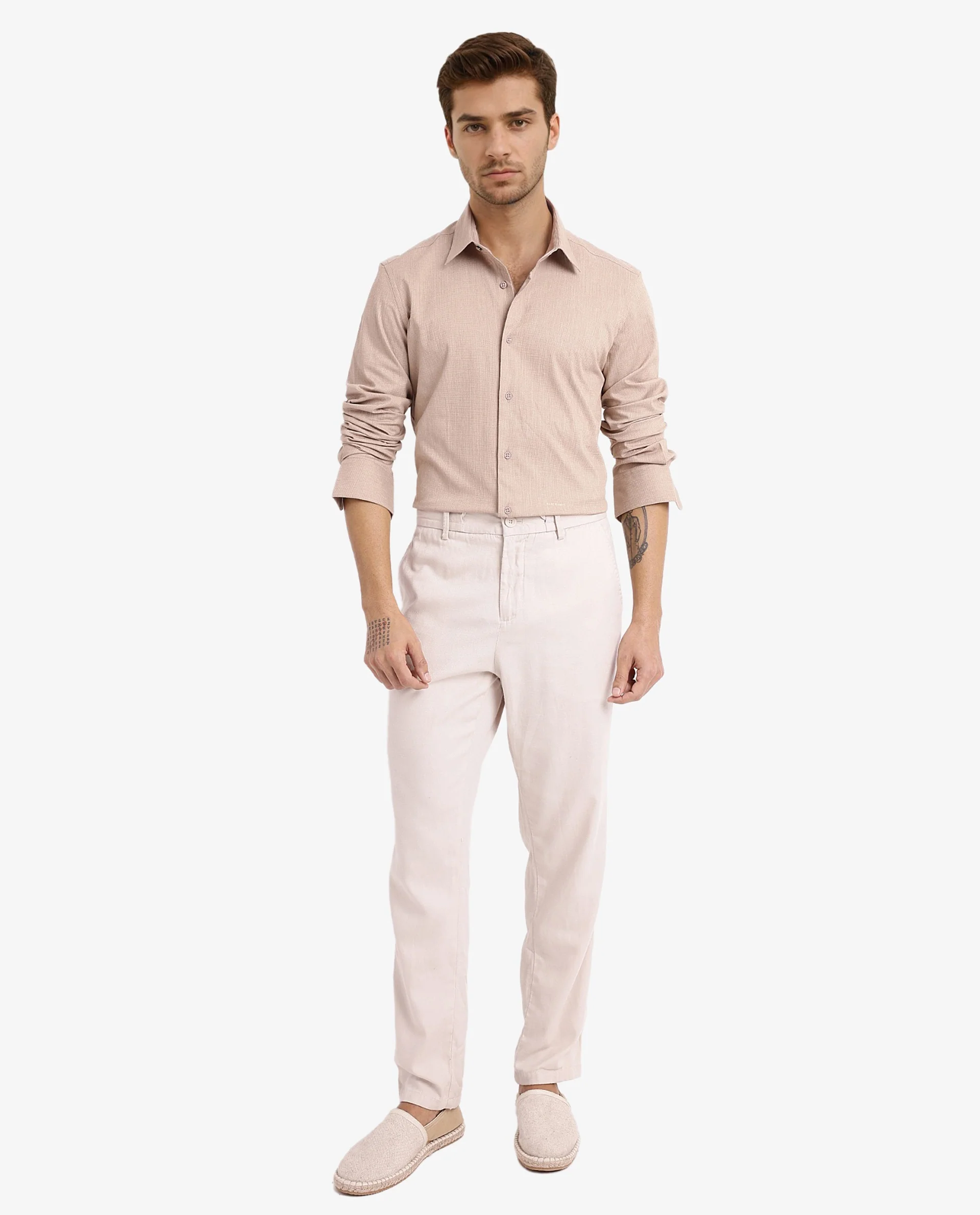 Rare Rabbit Men's Auxon Khaki Cotton Textured Regular Fit Full Sleeve Collared Shirt - Image 2