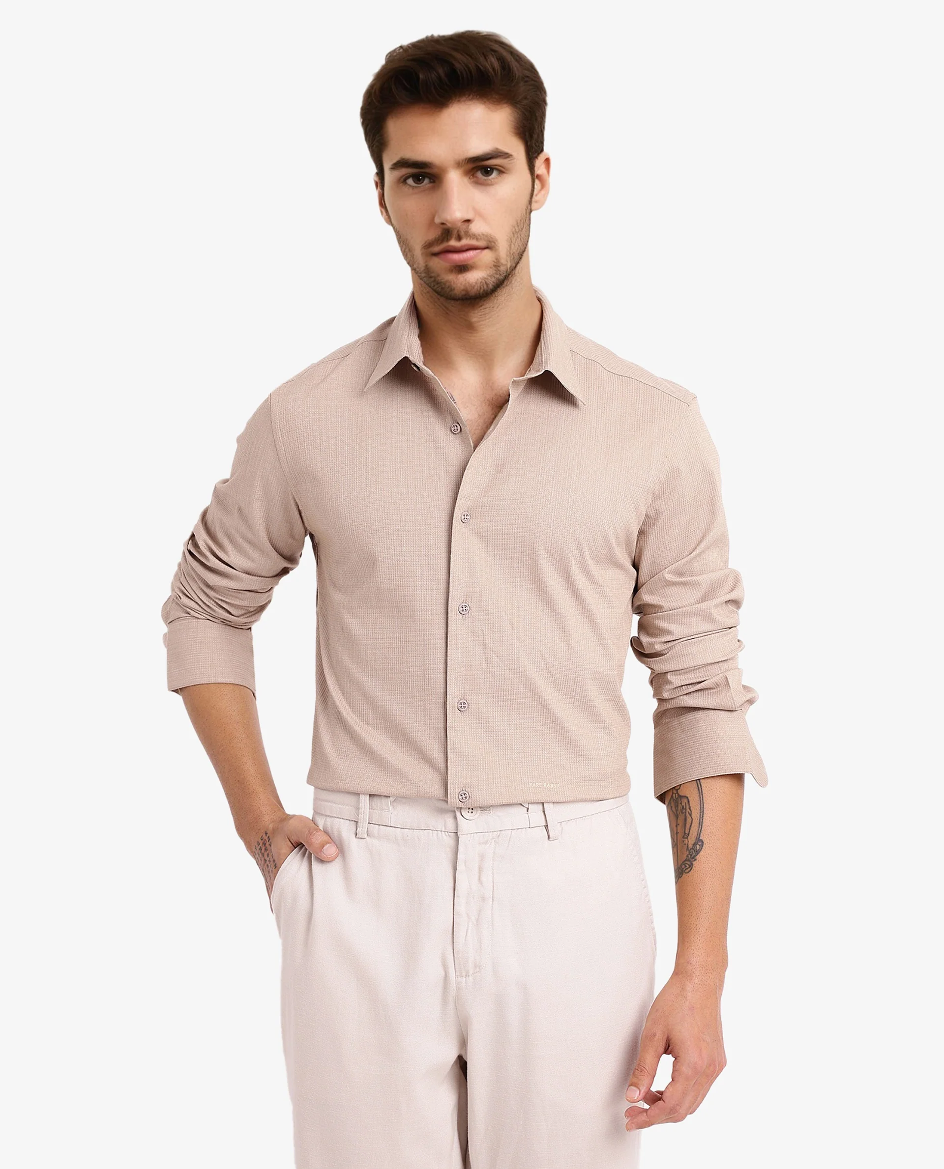 Rare Rabbit Men's Auxon Khaki Cotton Textured Regular Fit Full Sleeve Collared Shirt - Image 3