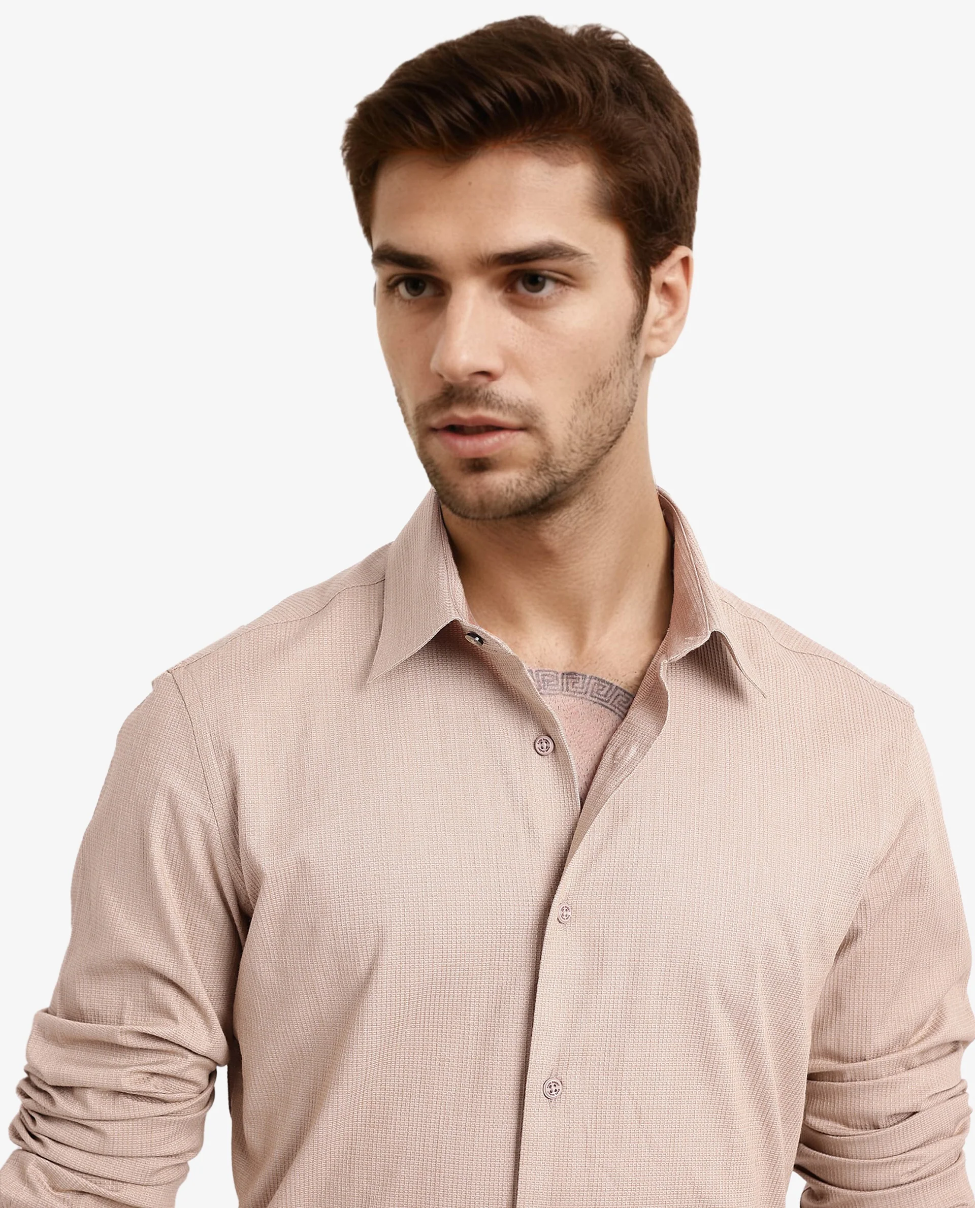 Rare Rabbit Men's Auxon Khaki Cotton Textured Regular Fit Full Sleeve Collared Shirt - Image 4