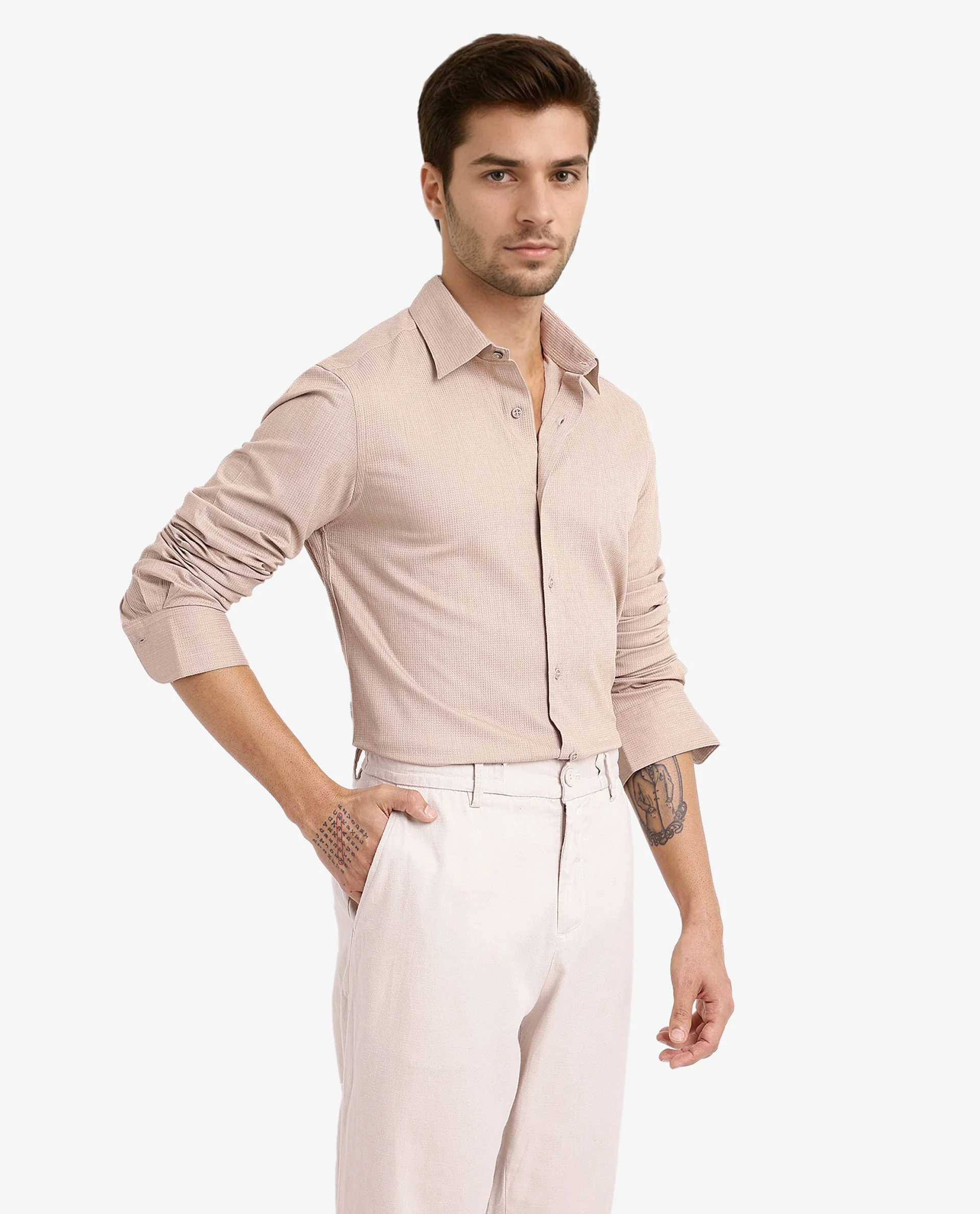 Rare Rabbit Men's Auxon Khaki Cotton Textured Regular Fit Full Sleeve Collared Shirt - Image 6