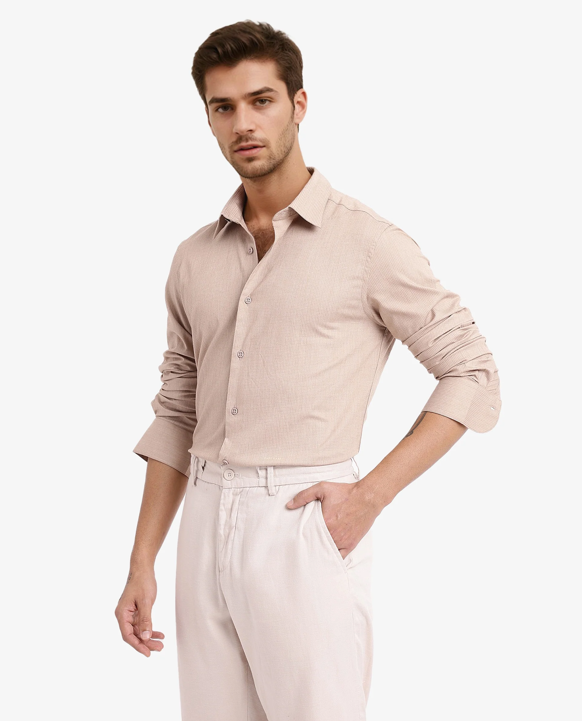 Rare Rabbit Men's Auxon Khaki Cotton Textured Regular Fit Full Sleeve Collared Shirt - Image 7