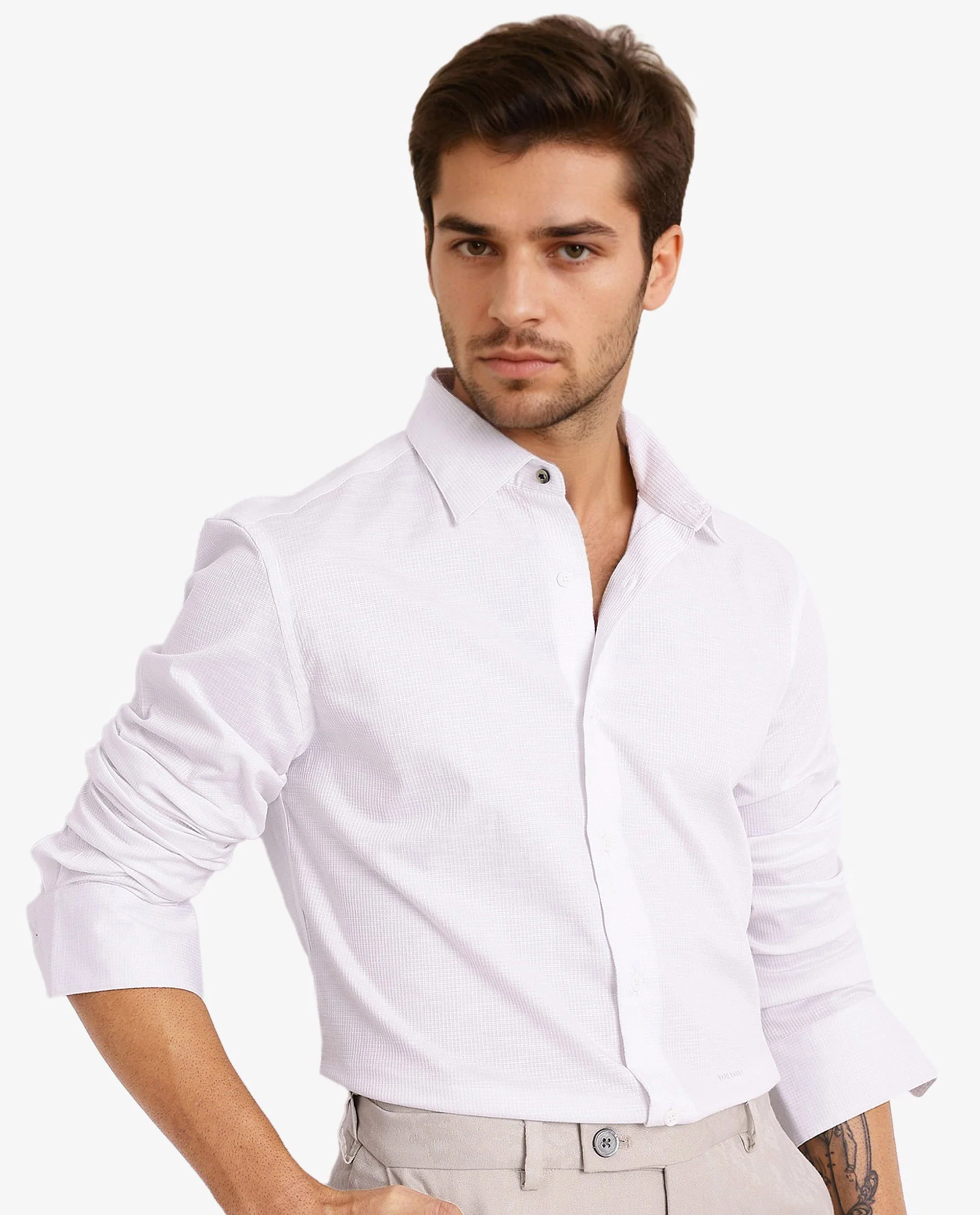 Rare Rabbit Men's Auxon White Cotton Textured Regular Fit Full Sleeve Collared Shirt - Image 4