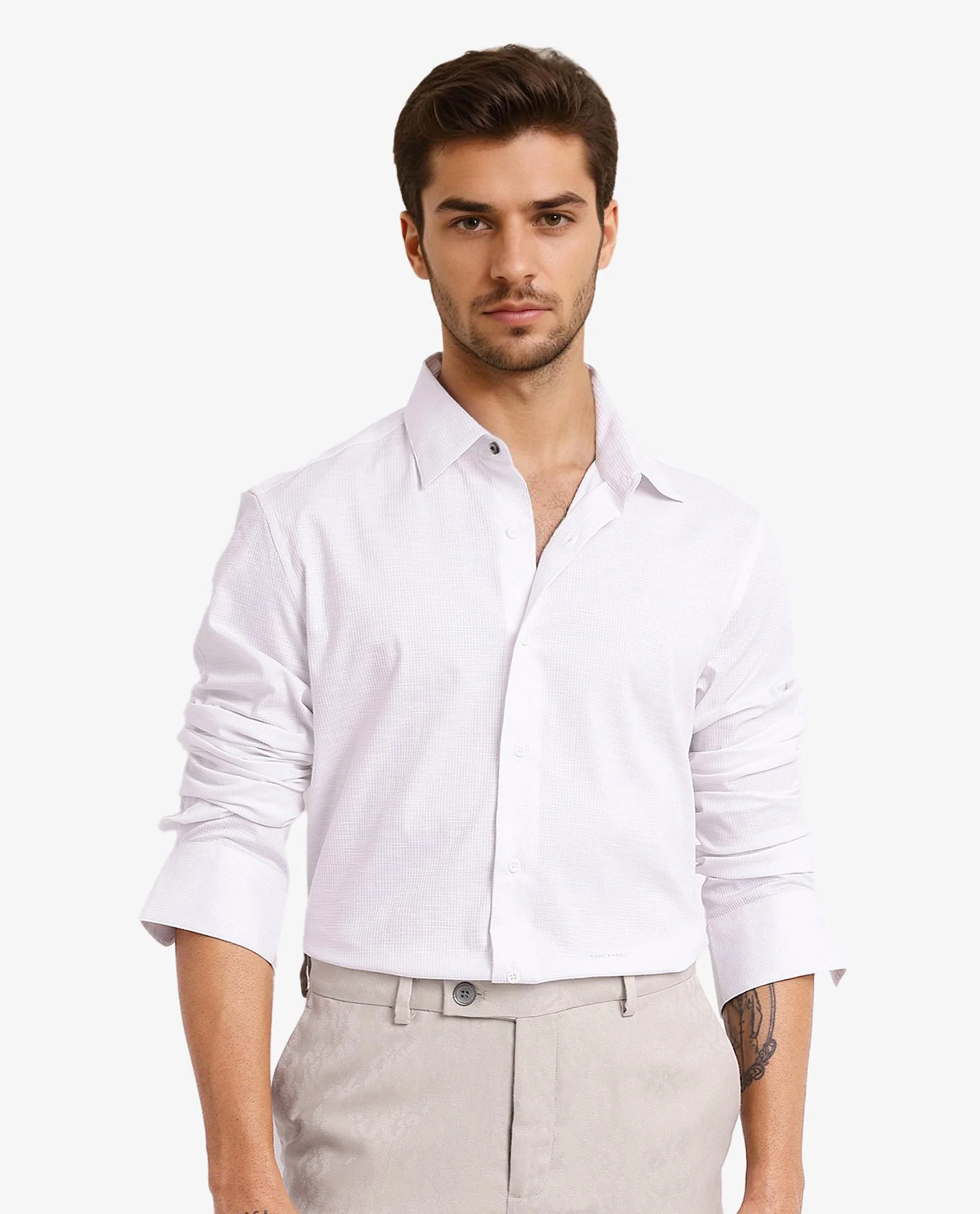 Rare Rabbit Men's Auxon White Cotton Textured Regular Fit Full Sleeve Collared Shirt - Image 6
