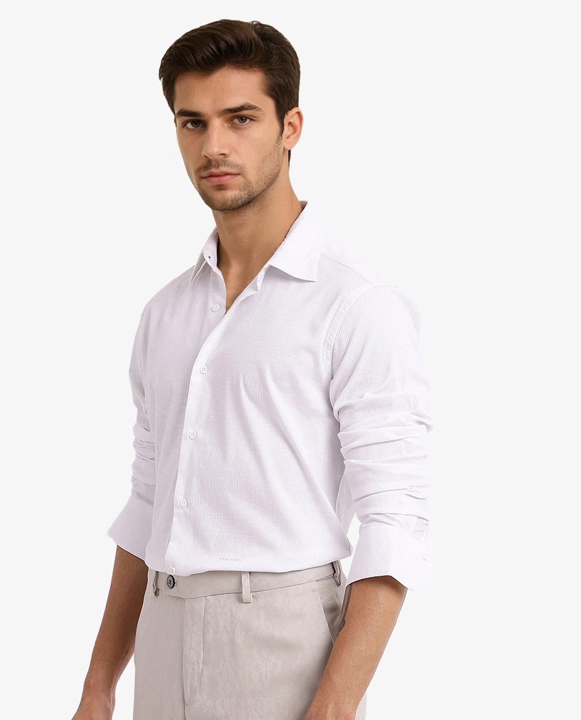 Rare Rabbit Men's Auxon White Cotton Textured Regular Fit Full Sleeve Collared Shirt - Image 7