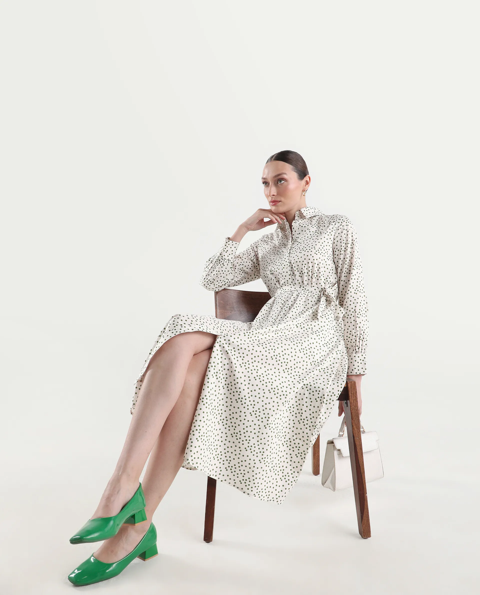 Rareism Women's Avac Off White Cotton Full Sleeve A-Line Polka Print Dress - Image 2