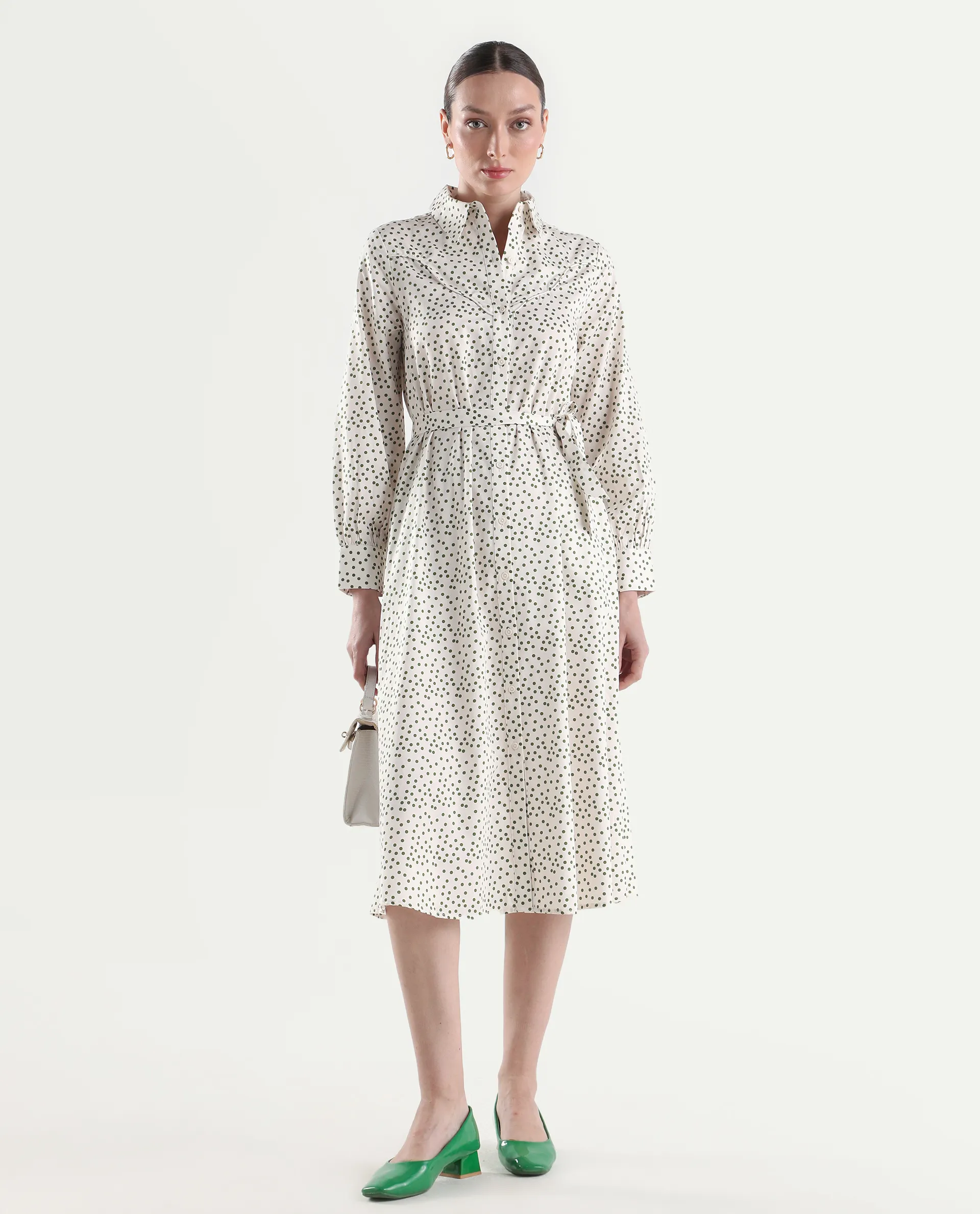Rareism Women's Avac Off White Cotton Full Sleeve A-Line Polka Print Dress - Image 3