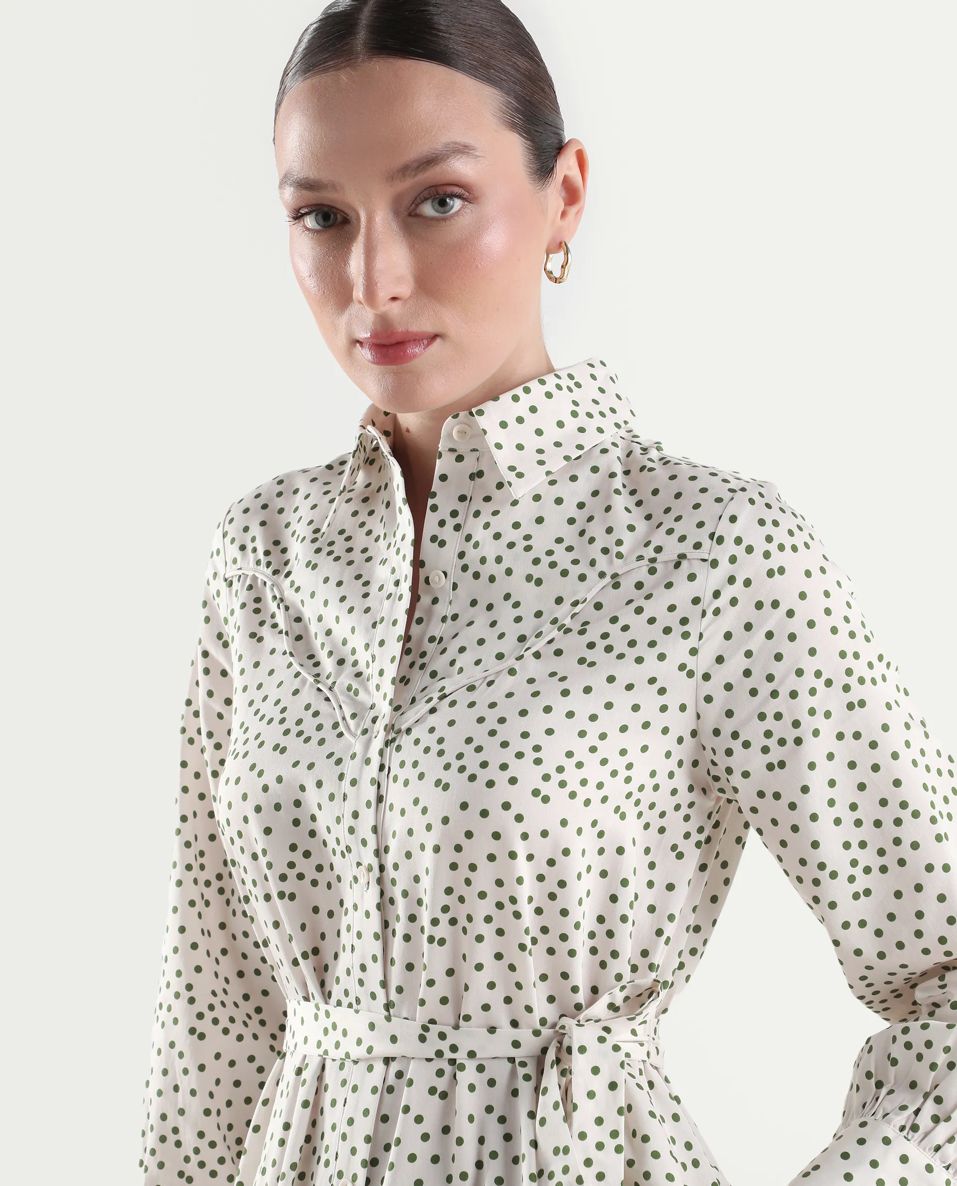 Rareism Women's Avac Off White Cotton Full Sleeve A-Line Polka Print Dress - Image 4