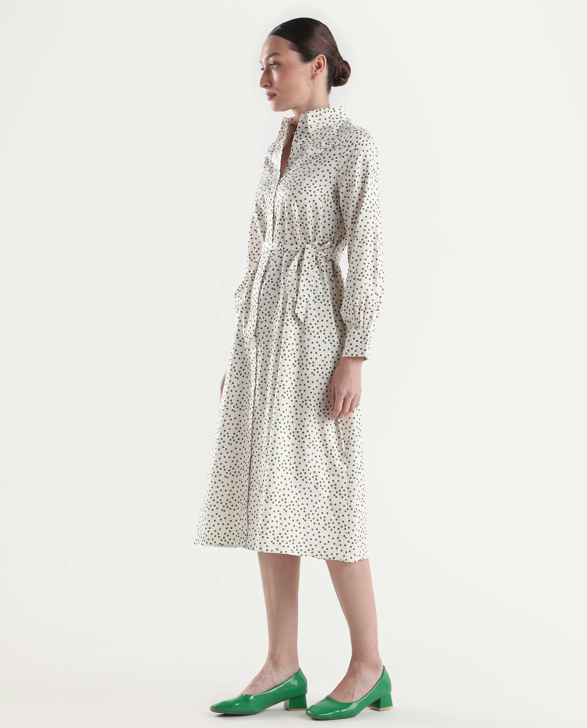 Rareism Women's Avac Off White Cotton Full Sleeve A-Line Polka Print Dress - Image 5