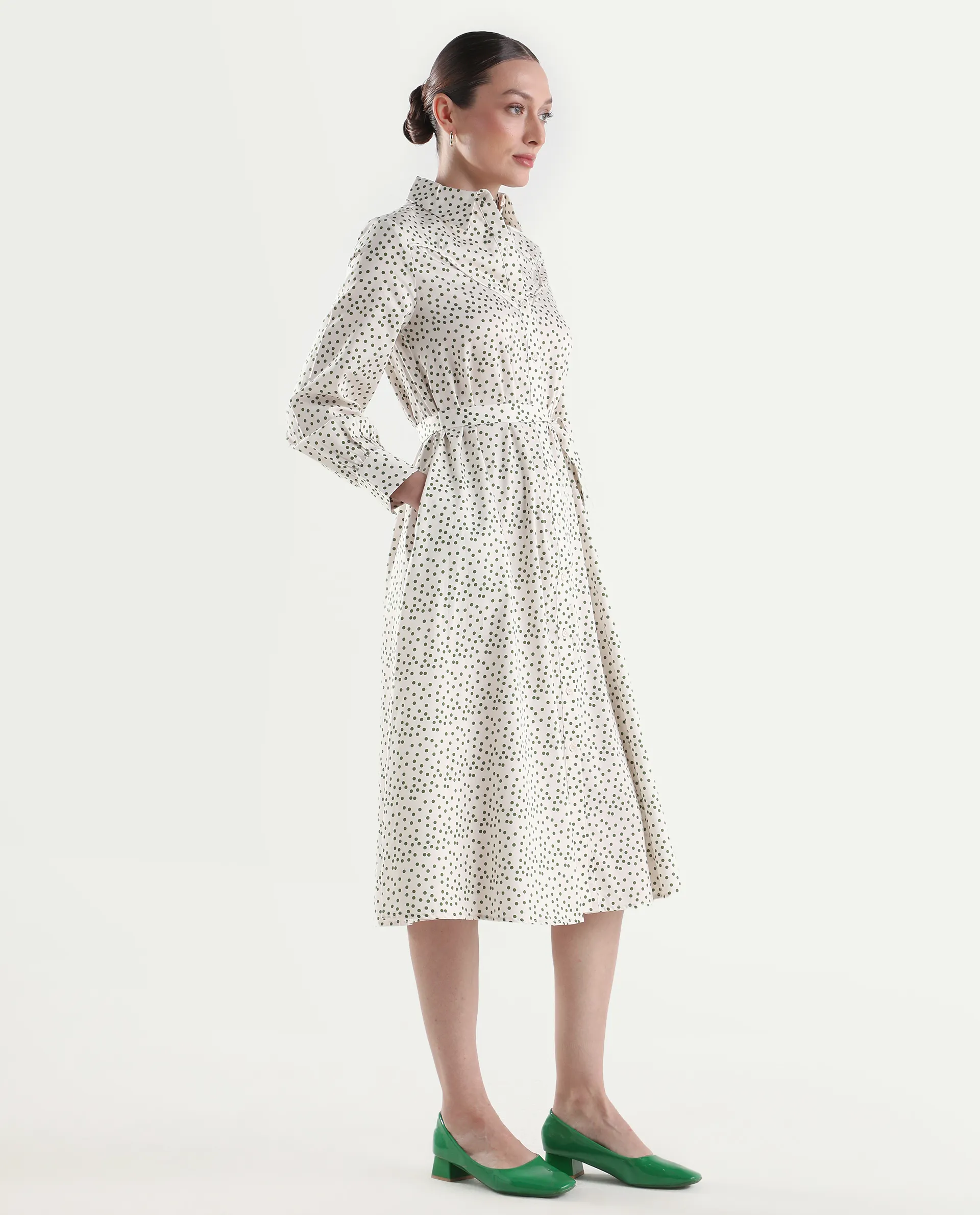 Rareism Women's Avac Off White Cotton Full Sleeve A-Line Polka Print Dress - Image 6