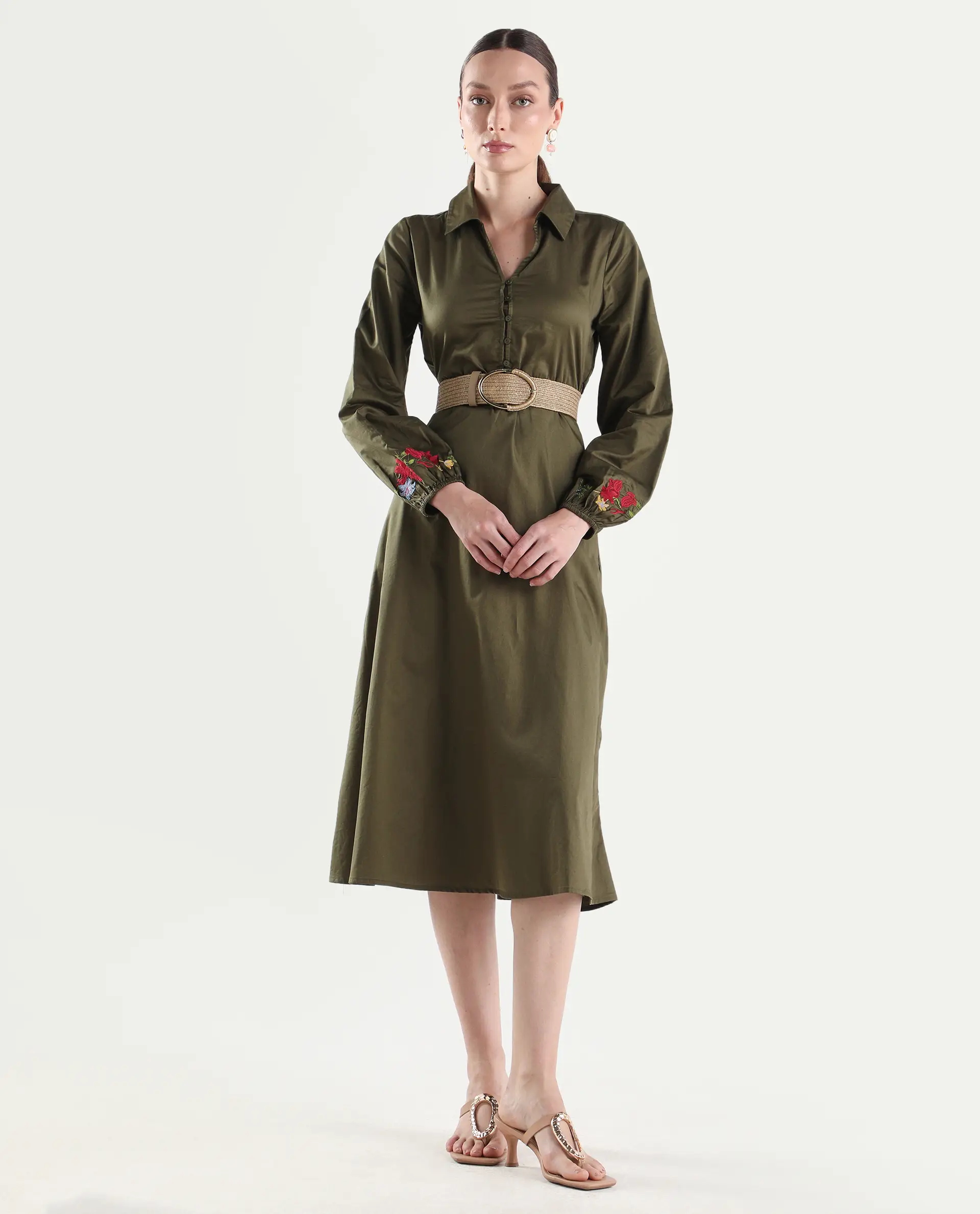 Rareism Women's Avaci Olive Cotton Full Sleeve Fit And Flare Plain Dress - Image 2