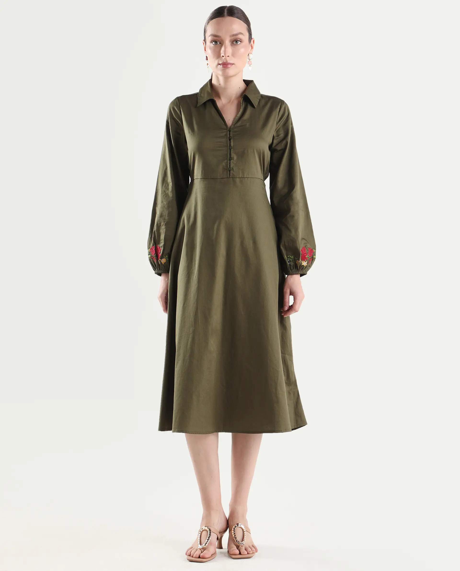 Rareism Women's Avaci Olive Cotton Full Sleeve Fit And Flare Plain Dress - Image 3