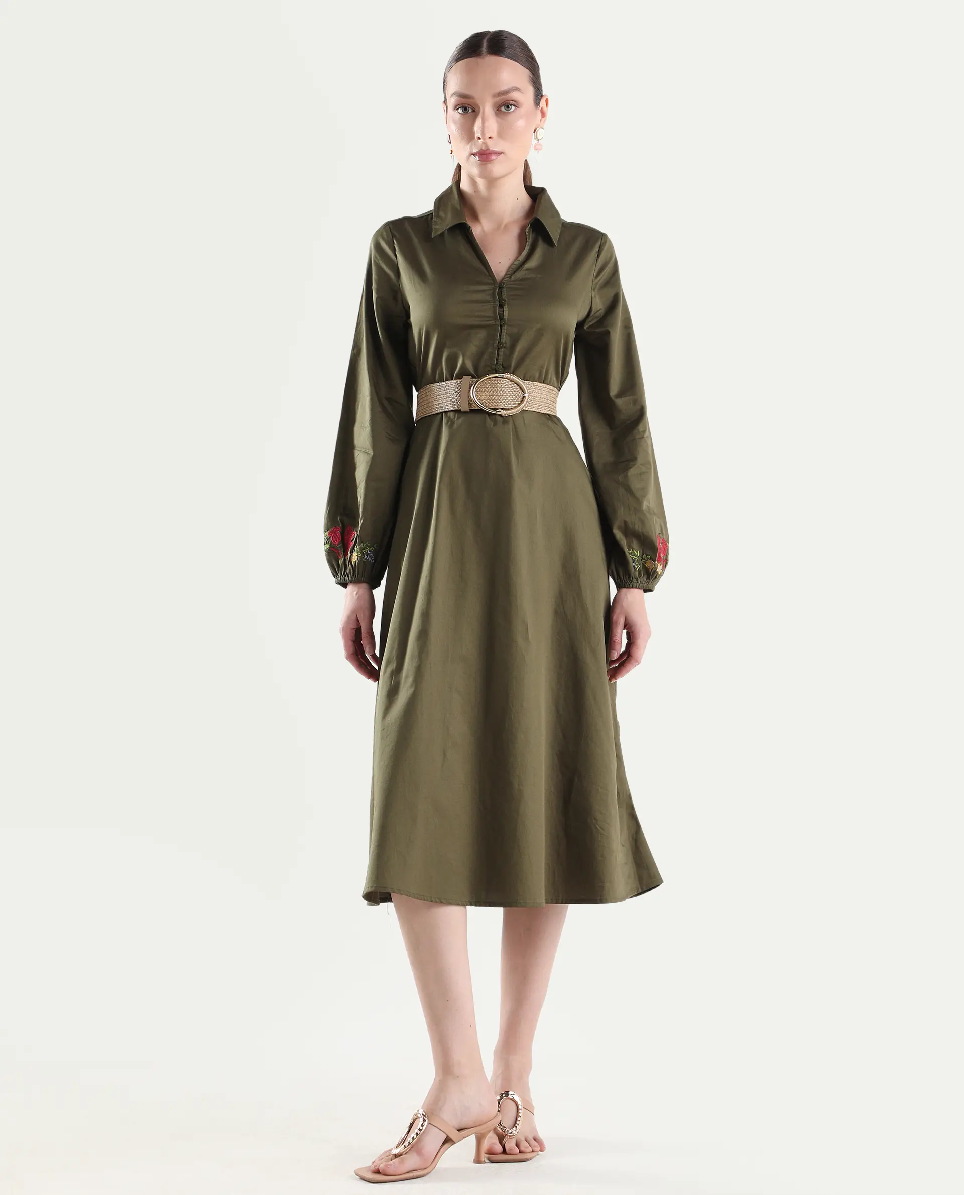 Rareism Women's Avaci Olive Cotton Full Sleeve Fit And Flare Plain Dress - Image 4