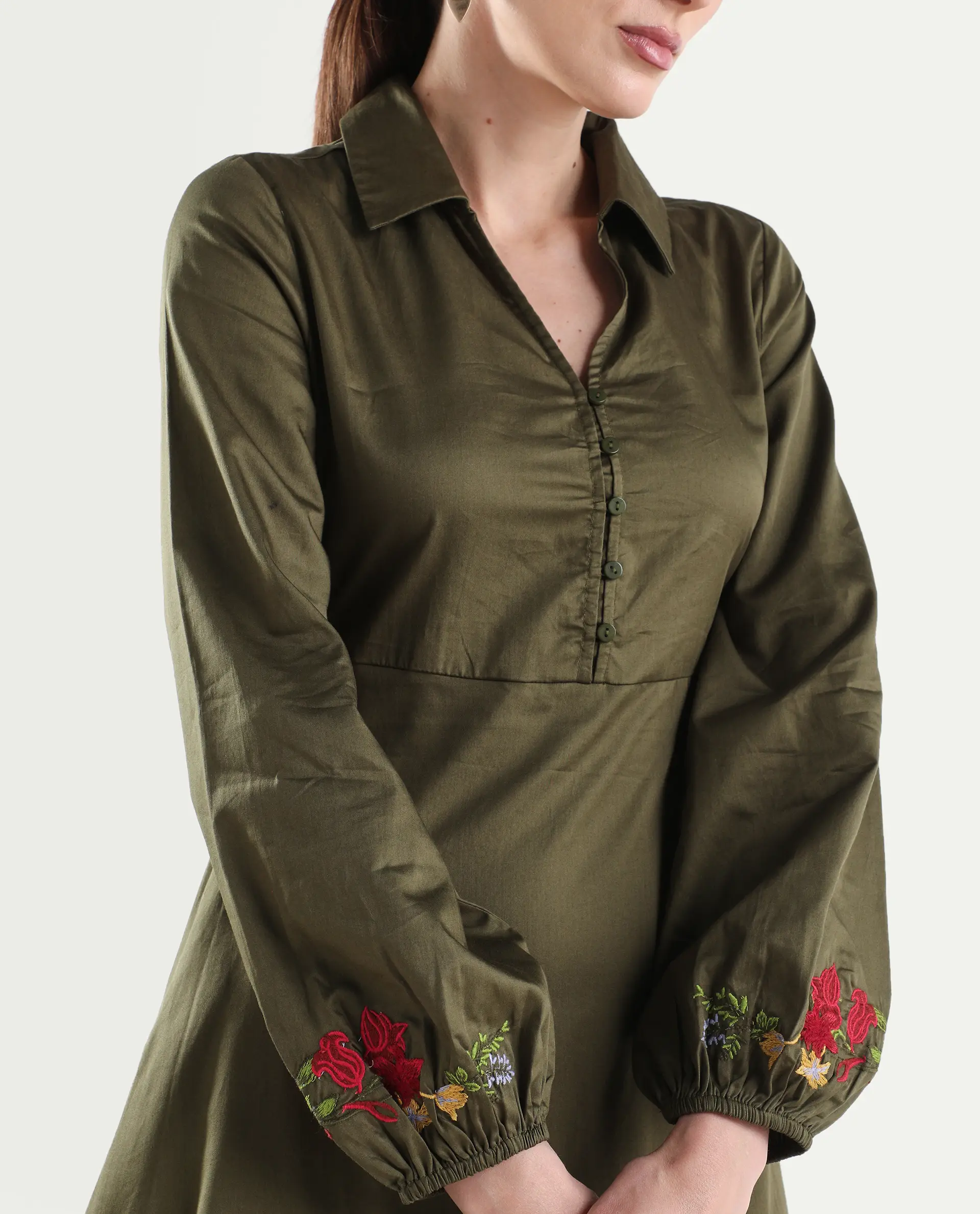 Rareism Women's Avaci Olive Cotton Full Sleeve Fit And Flare Plain Dress - Image 5