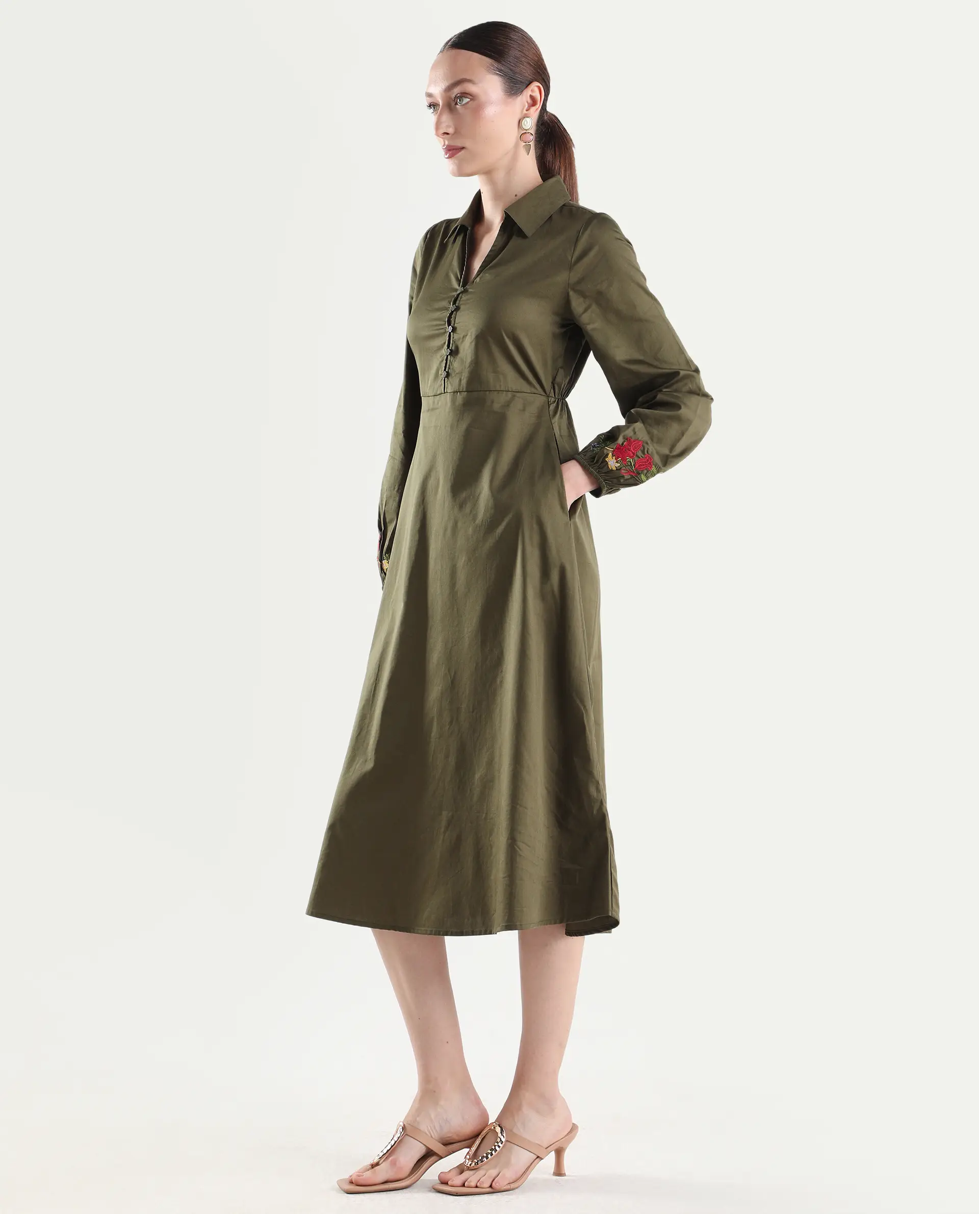 Rareism Women's Avaci Olive Cotton Full Sleeve Fit And Flare Plain Dress - Image 6