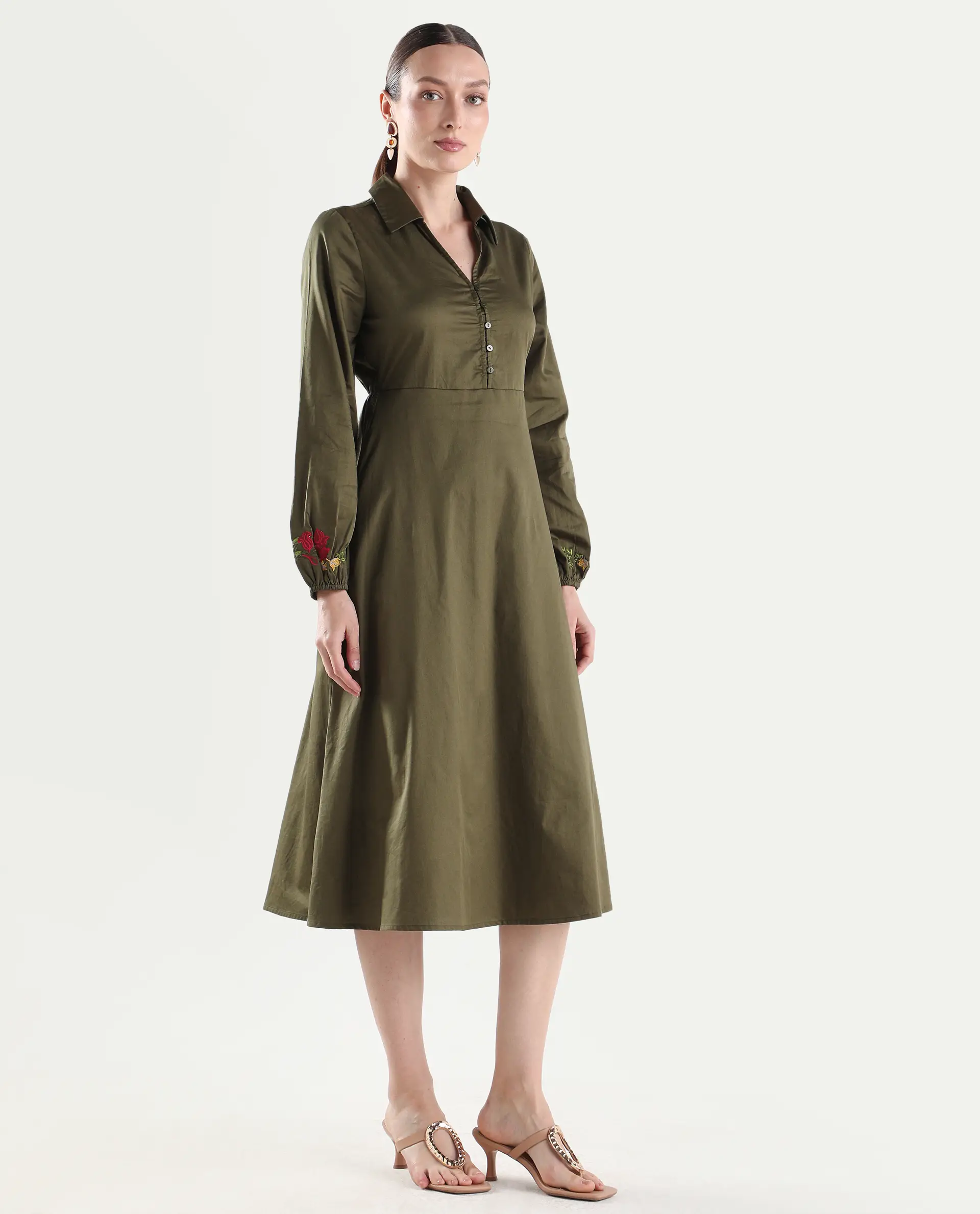 Rareism Women's Avaci Olive Cotton Full Sleeve Fit And Flare Plain Dress - Image 7